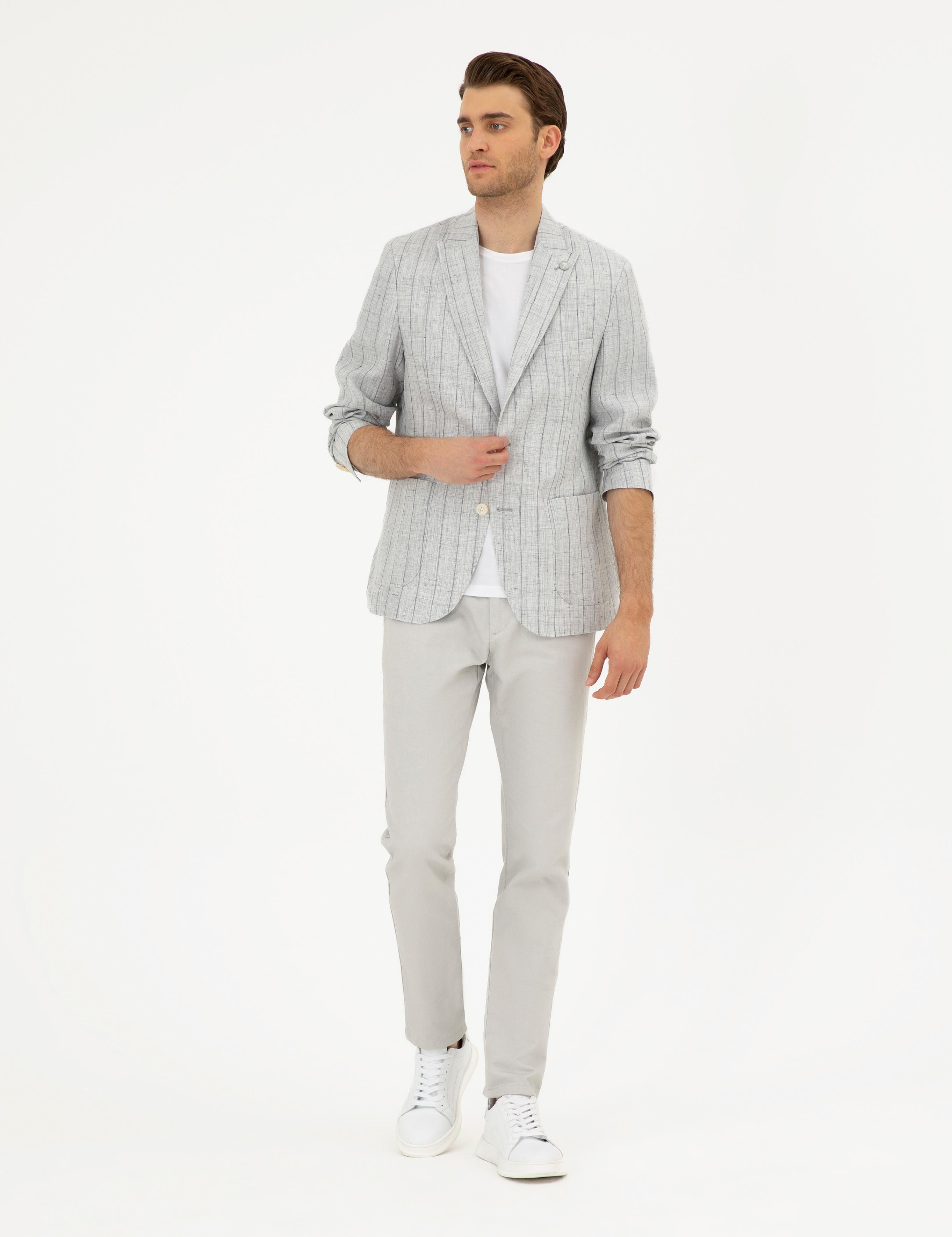 Gri Slim Fit %100 Keten Çizgili Ceket