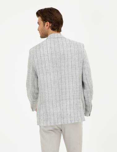 Gri Slim Fit %100 Keten Çizgili Ceket