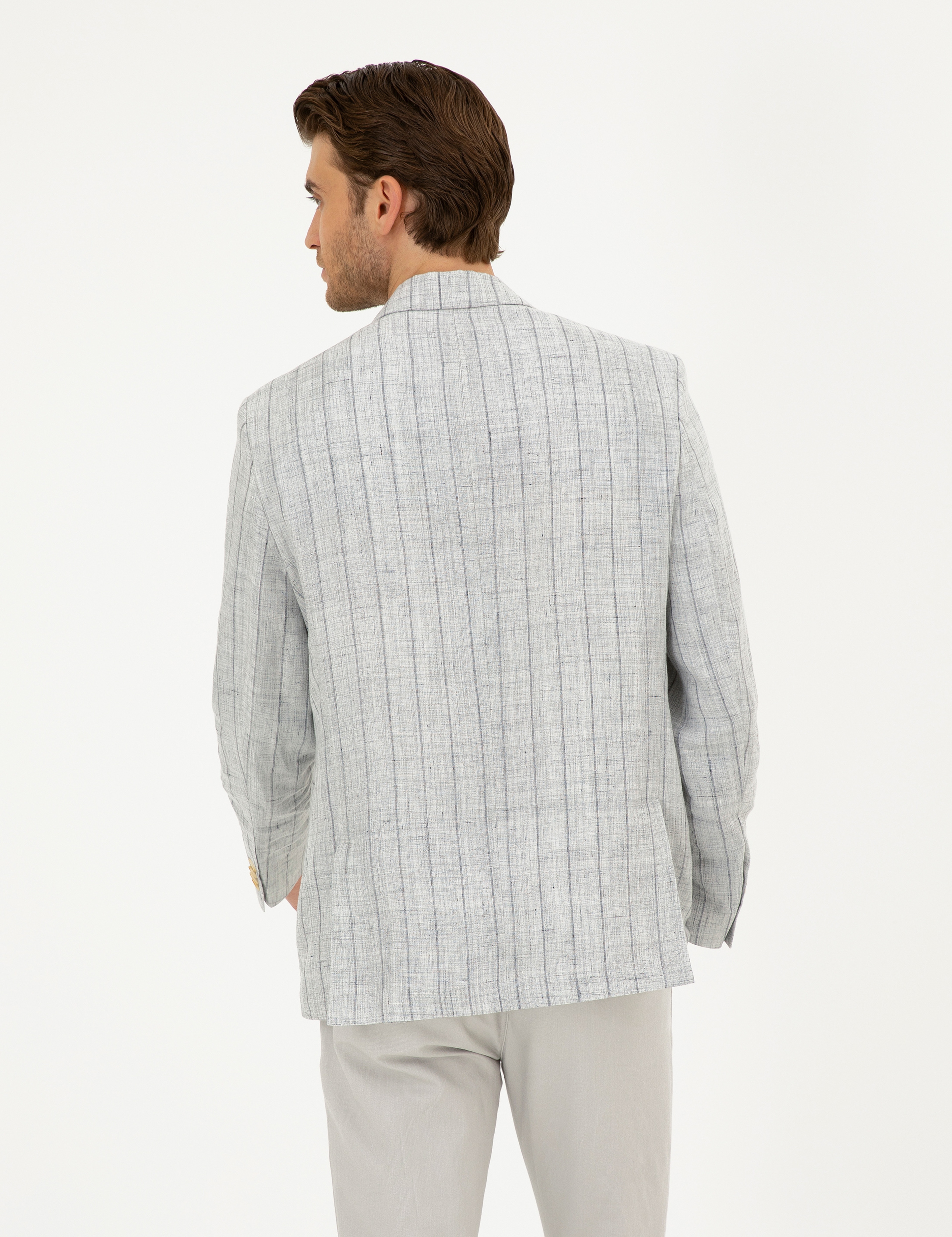 Gri Slim Fit %100 Keten Çizgili Ceket - Image 5