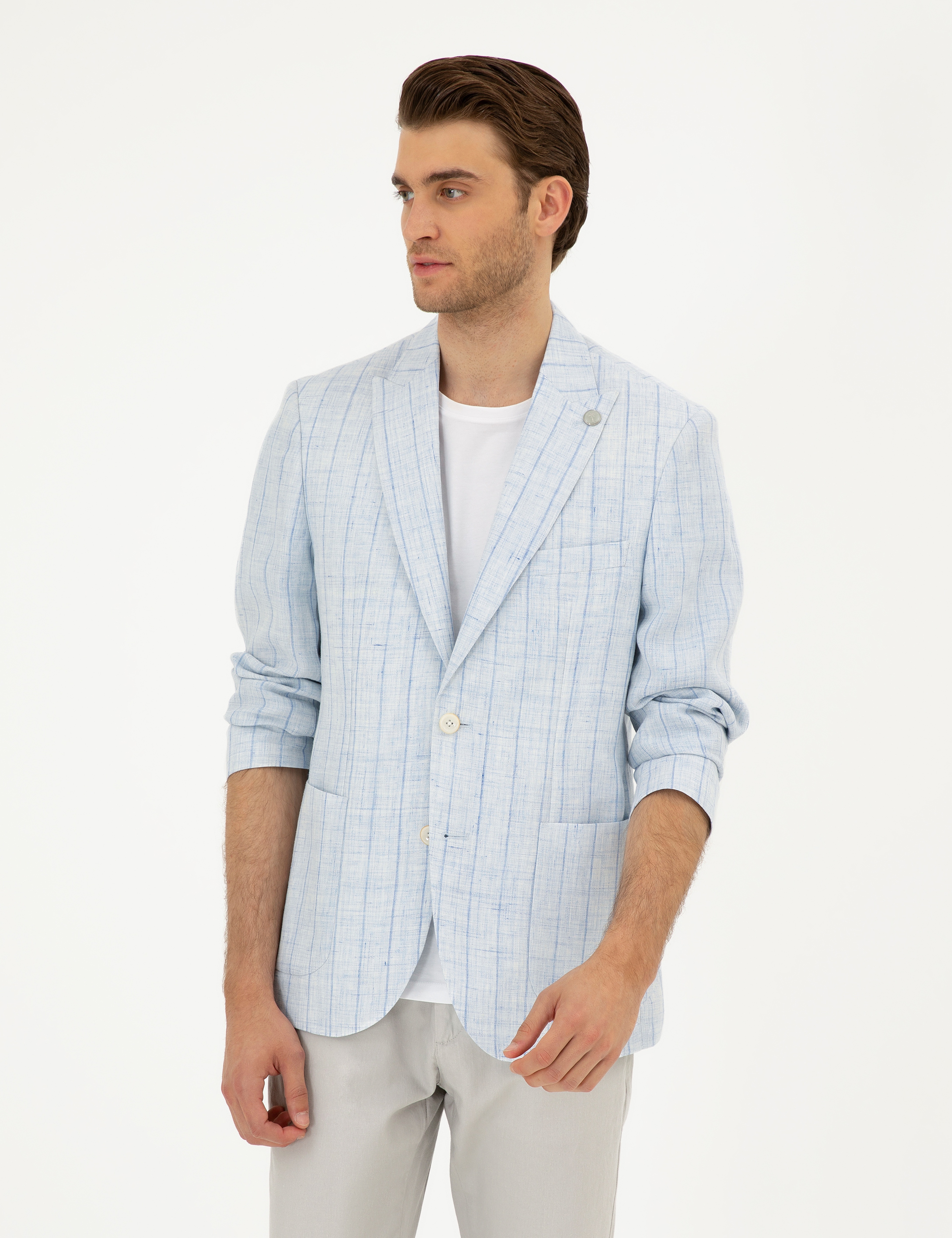 Açık Mavi Slim Fit %100 Keten Çizgili Ceket - Image 1