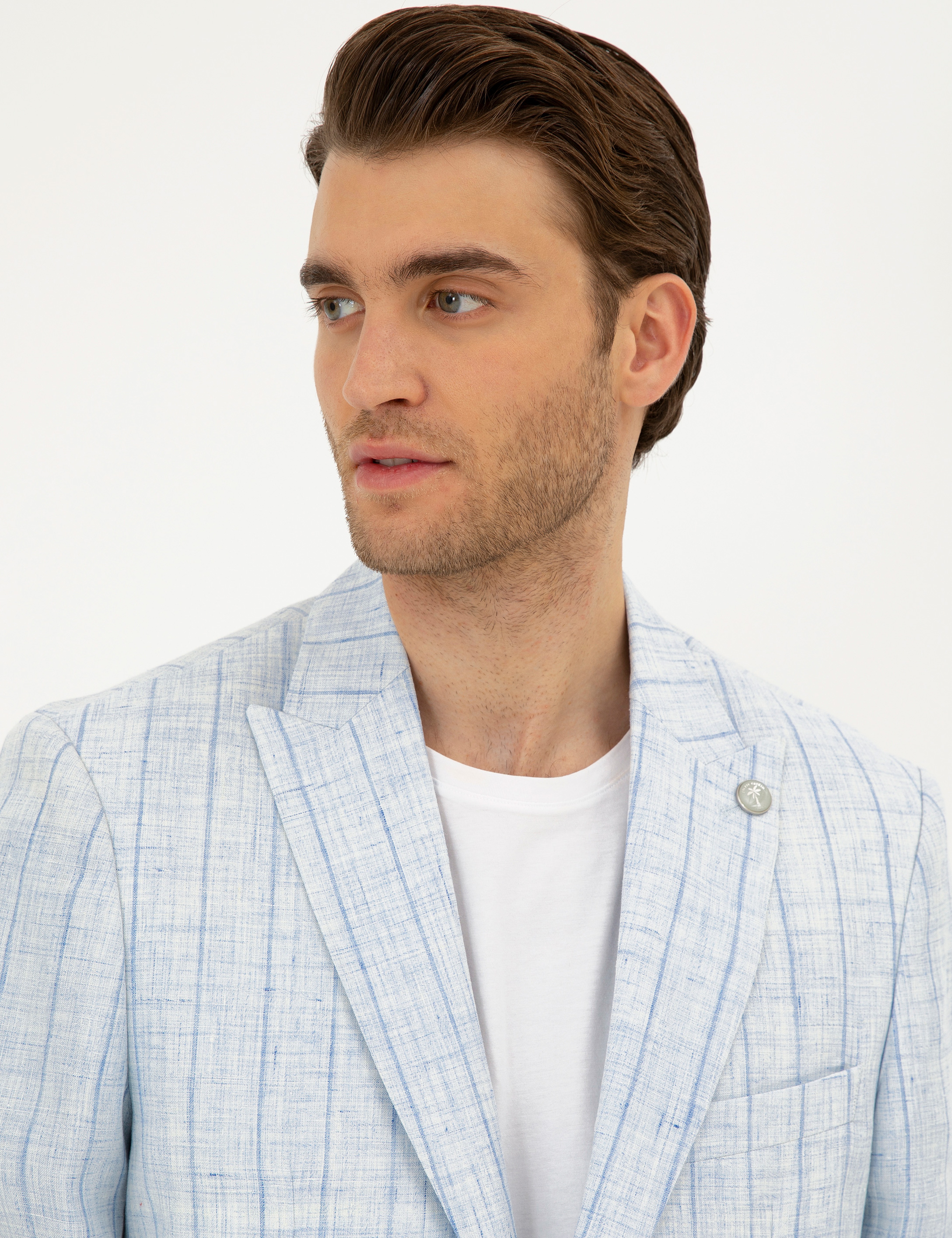 Açık Mavi Slim Fit %100 Keten Çizgili Ceket