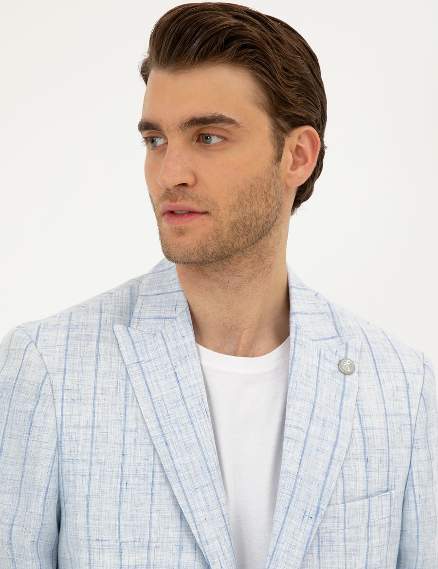 Açık Mavi Slim Fit %100 Keten Çizgili Ceket