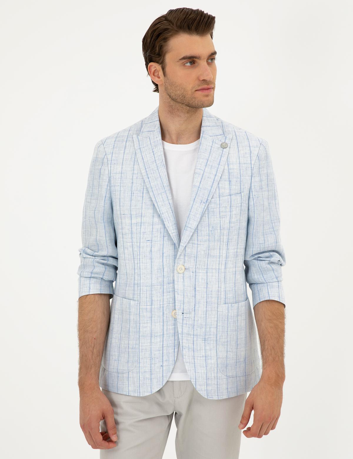 Açık Mavi Slim Fit %100 Keten Çizgili Ceket - 50284966056