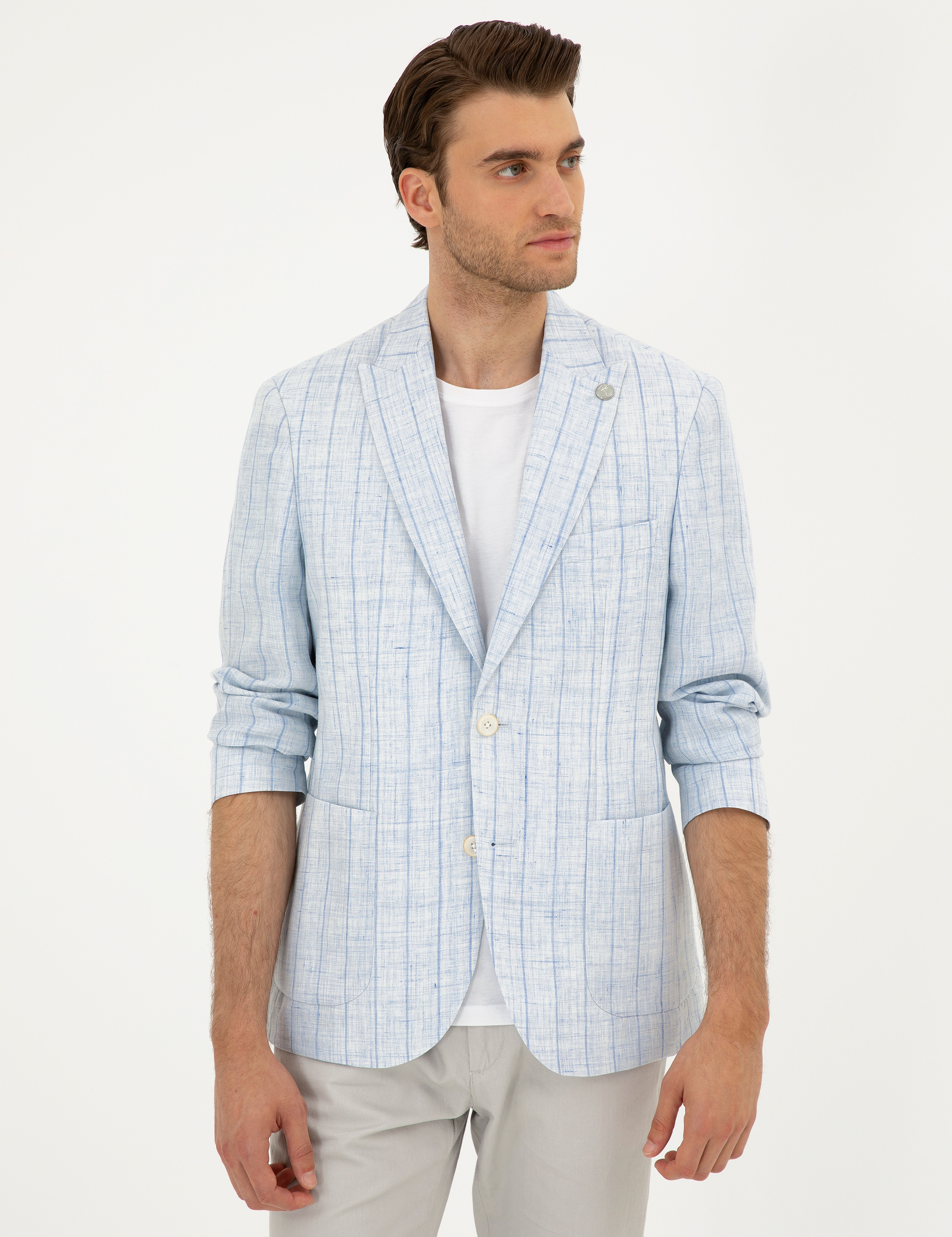Açık Mavi Slim Fit %100 Keten Çizgili Ceket - Image 3