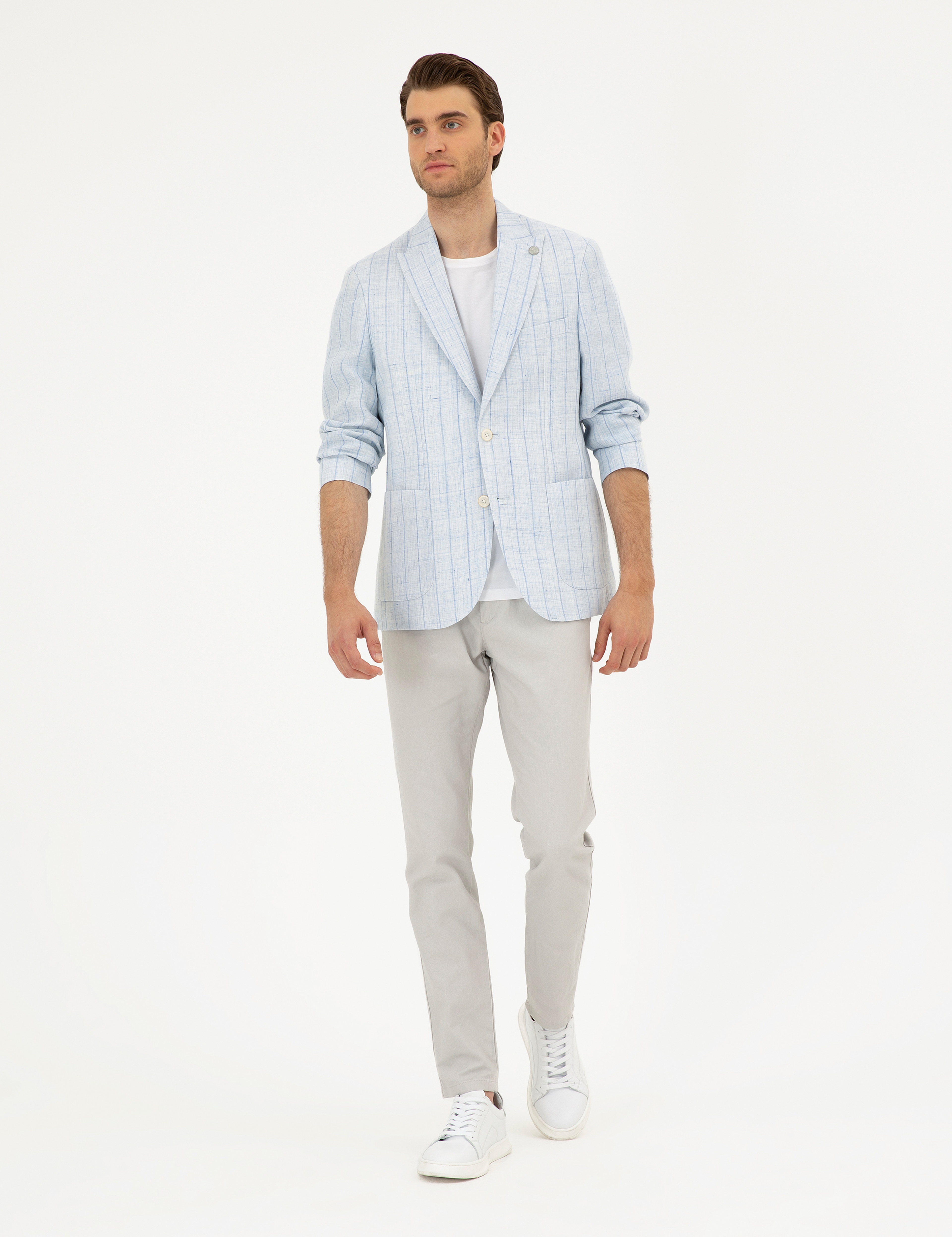 Açık Mavi Slim Fit %100 Keten Çizgili Ceket - Image 4