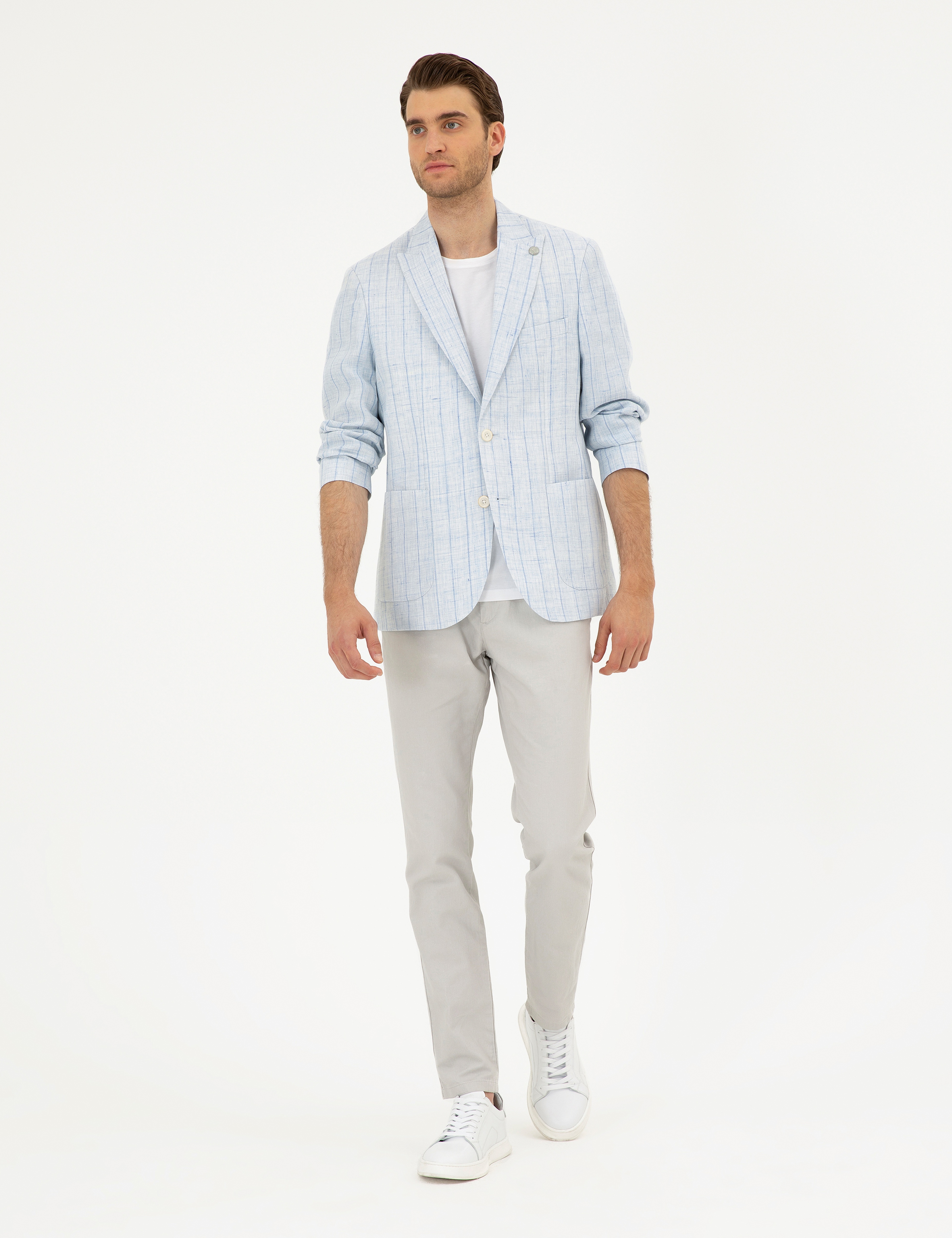 Açık Mavi Slim Fit %100 Keten Çizgili Ceket