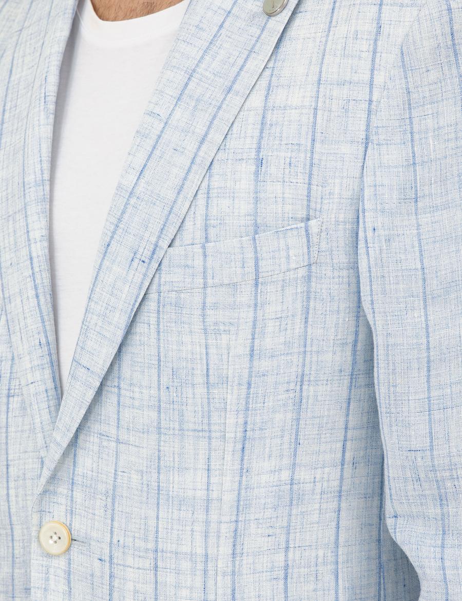Açık Mavi Slim Fit %100 Keten Çizgili Ceket