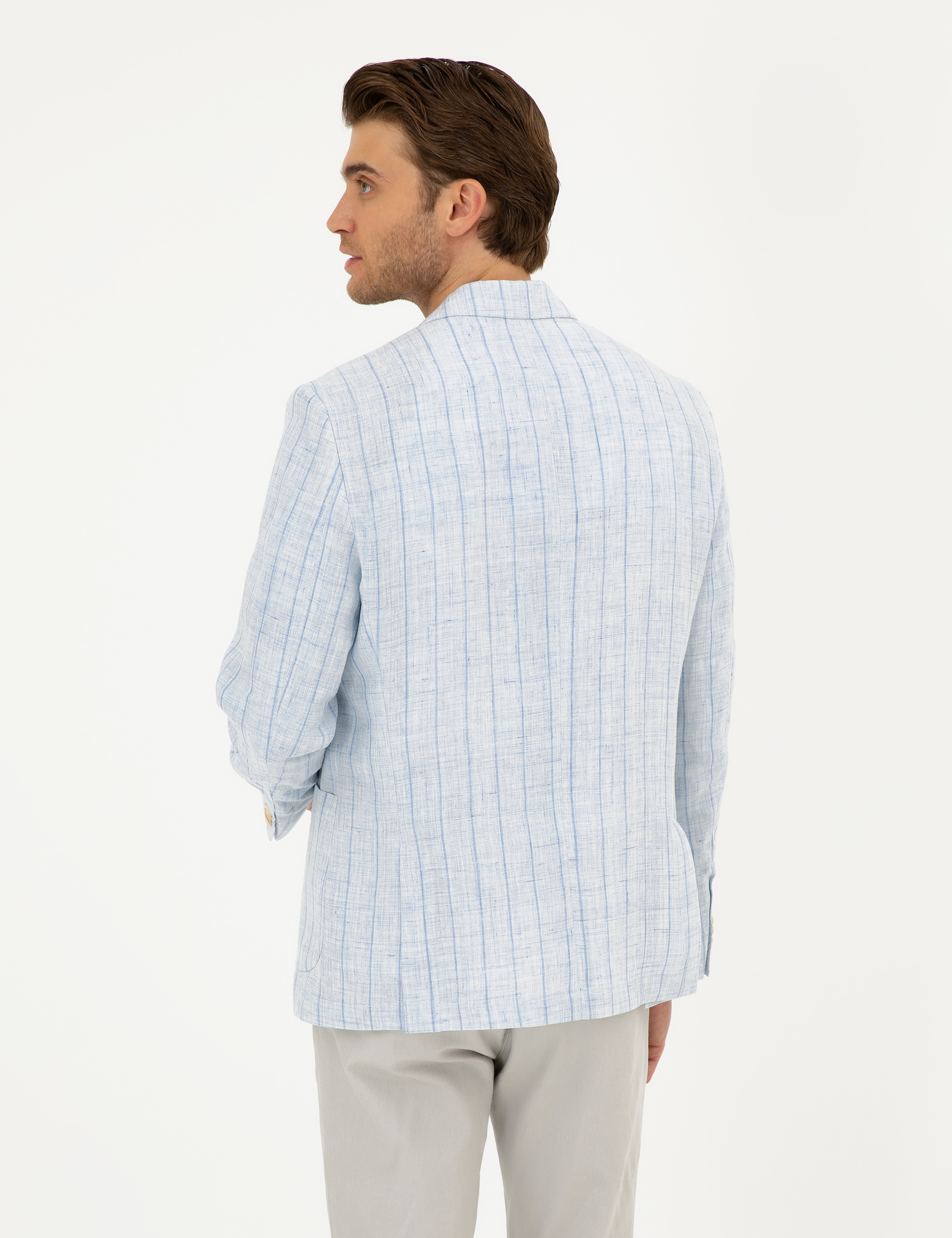 Açık Mavi Slim Fit %100 Keten Çizgili Ceket - Image 5