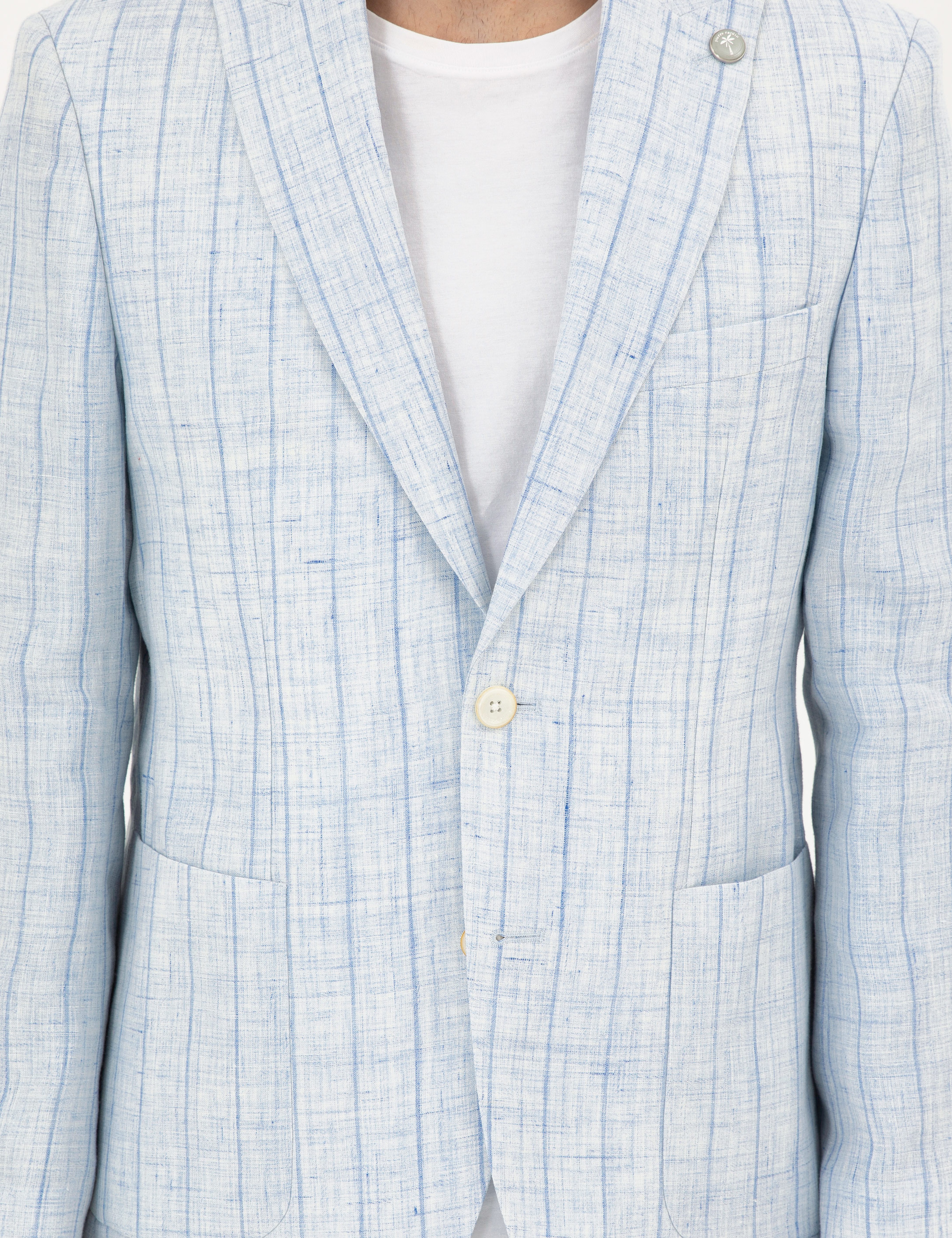 Açık Mavi Slim Fit %100 Keten Çizgili Ceket