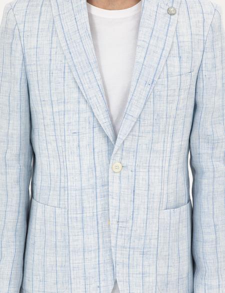 Açık Mavi Slim Fit %100 Keten Çizgili Ceket - 50284966056