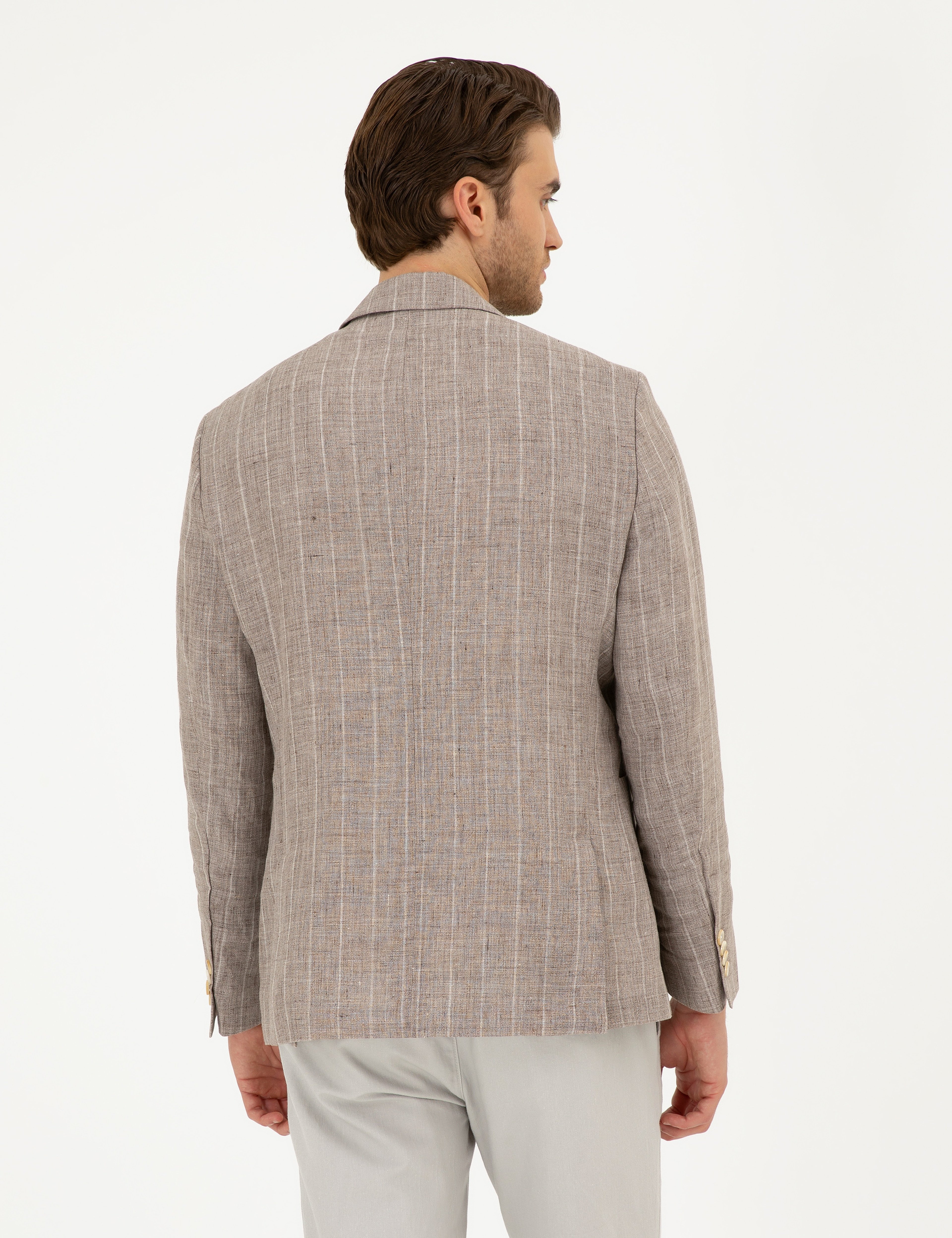 Açık Kahverengi Slim Fit %100 Keten Çizgili Ceket