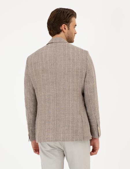 Açık Kahverengi Slim Fit %100 Keten Çizgili Ceket - 50284966089