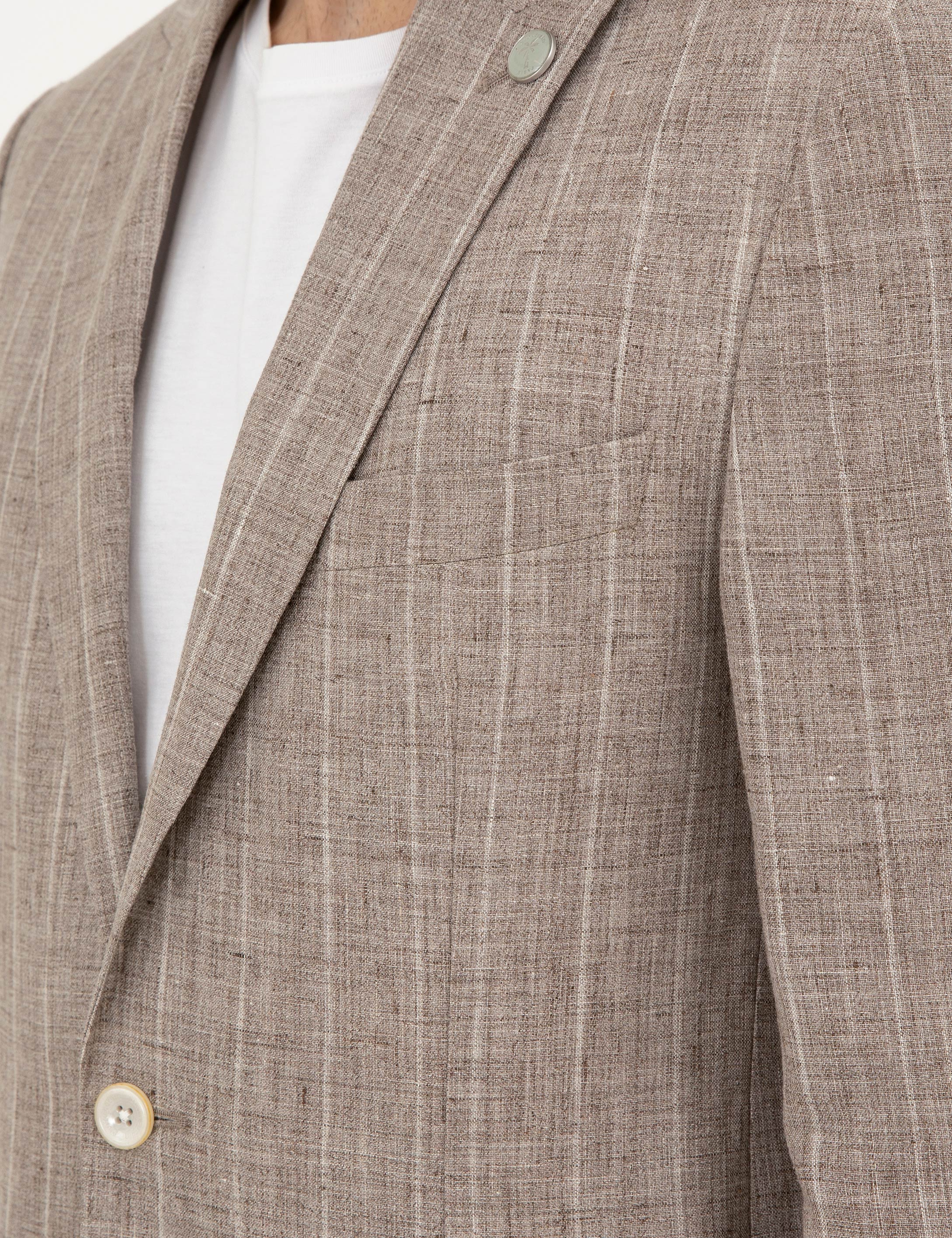 Açık Kahverengi Slim Fit %100 Keten Çizgili Ceket - Image 7