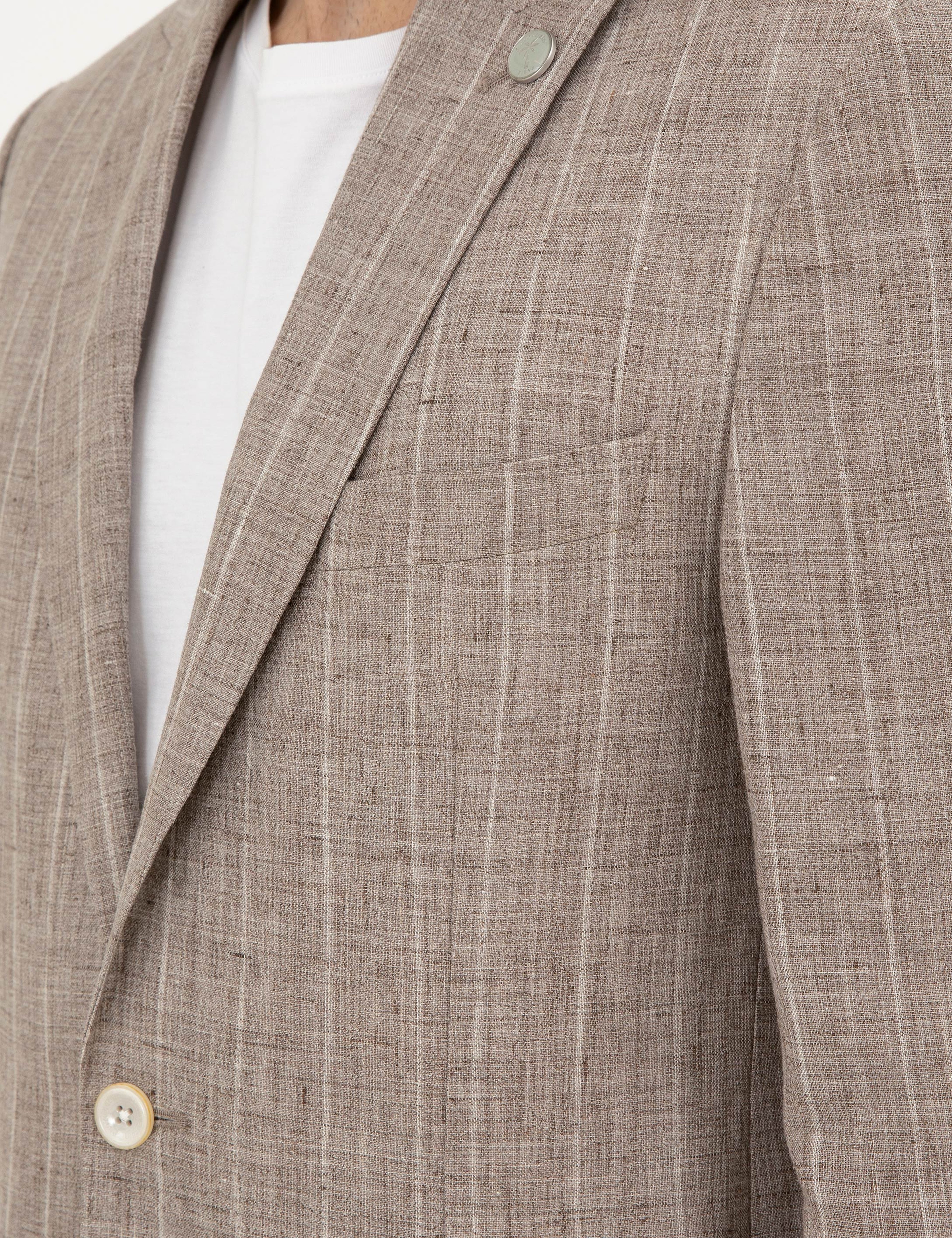 Açık Kahverengi Slim Fit %100 Keten Çizgili Ceket