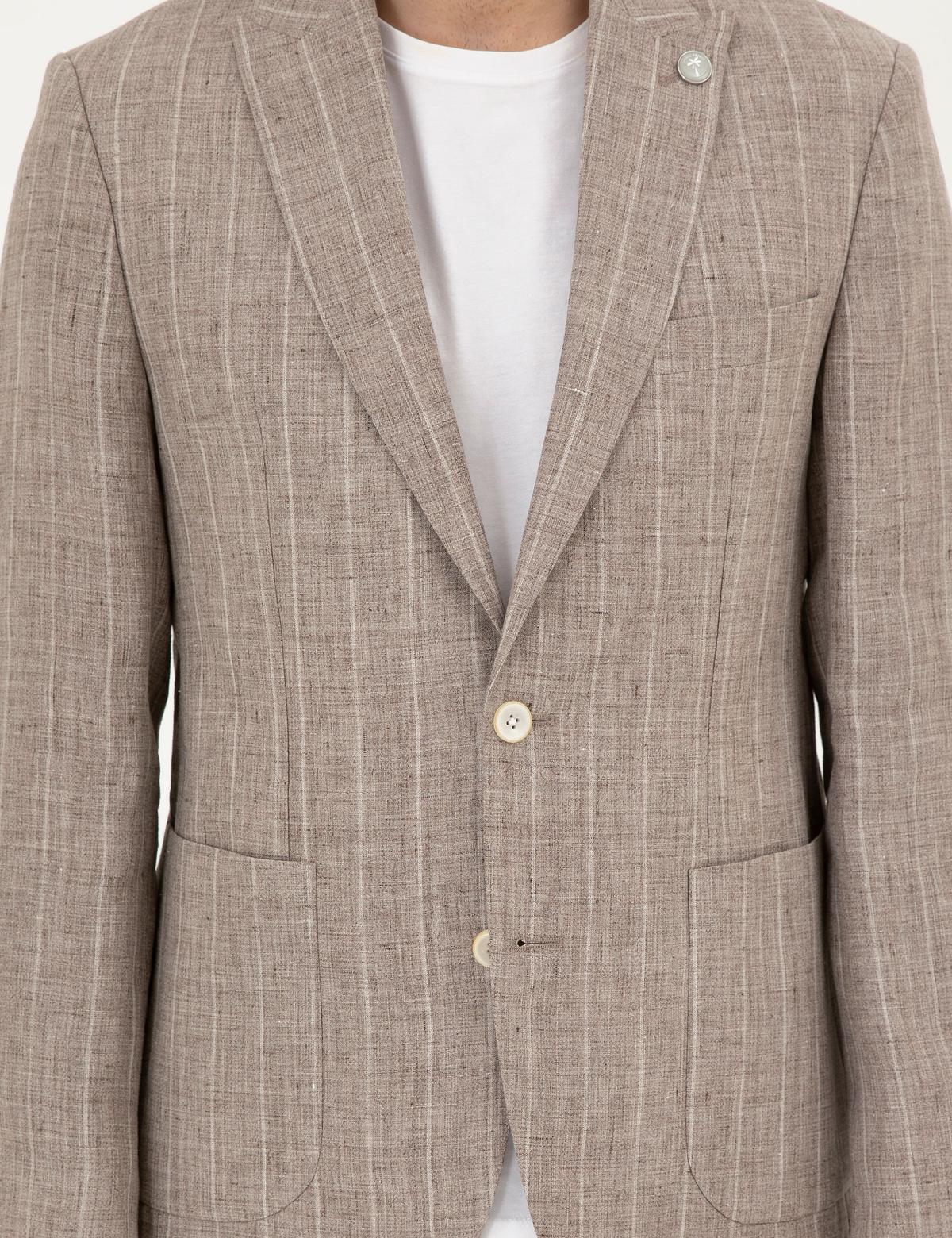 Açık Kahverengi Slim Fit %100 Keten Çizgili Ceket - 50284966089