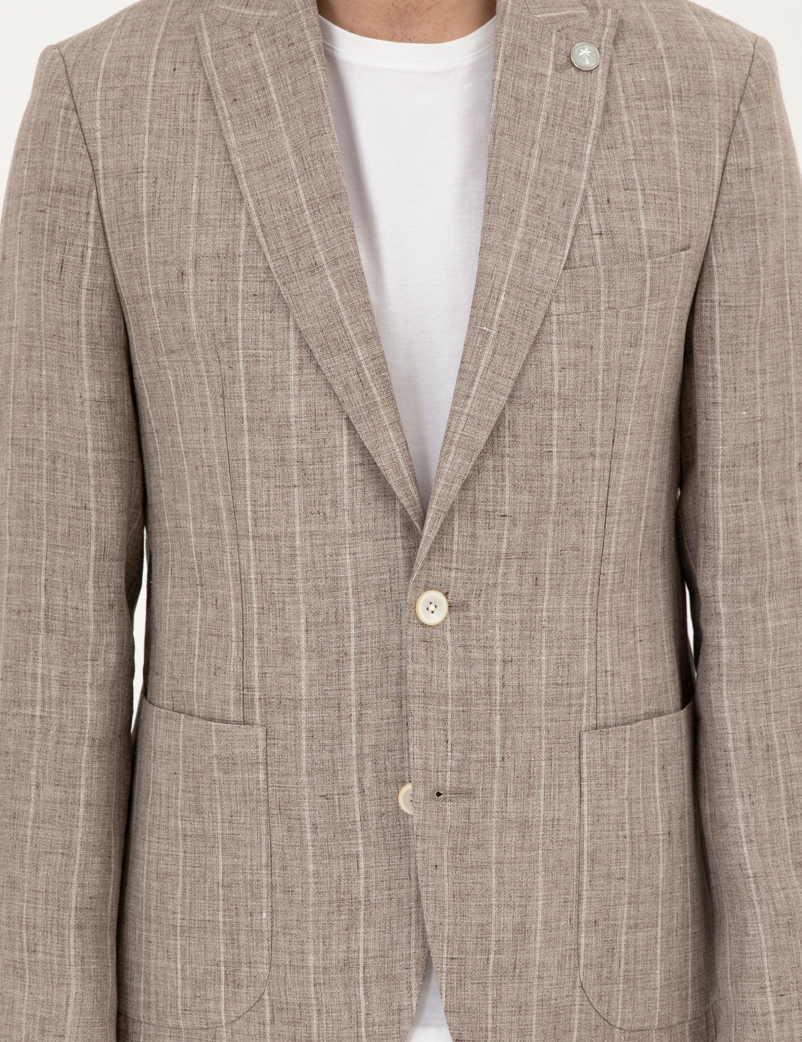 Açık Kahverengi Slim Fit %100 Keten Çizgili Ceket