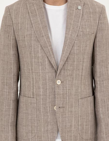Açık Kahverengi Slim Fit %100 Keten Çizgili Ceket - 50284966089