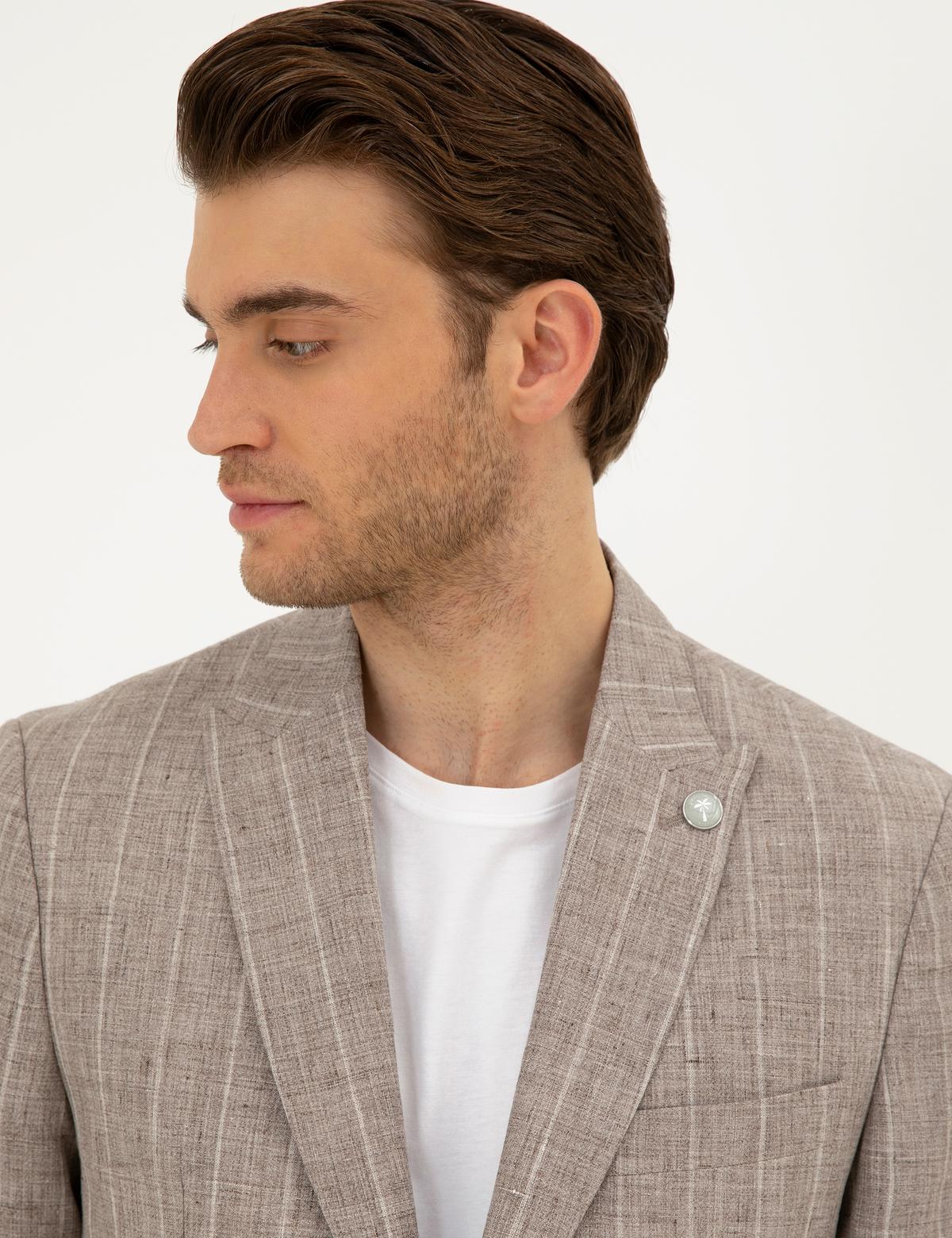 Açık Kahverengi Slim Fit %100 Keten Çizgili Ceket - 50284966089