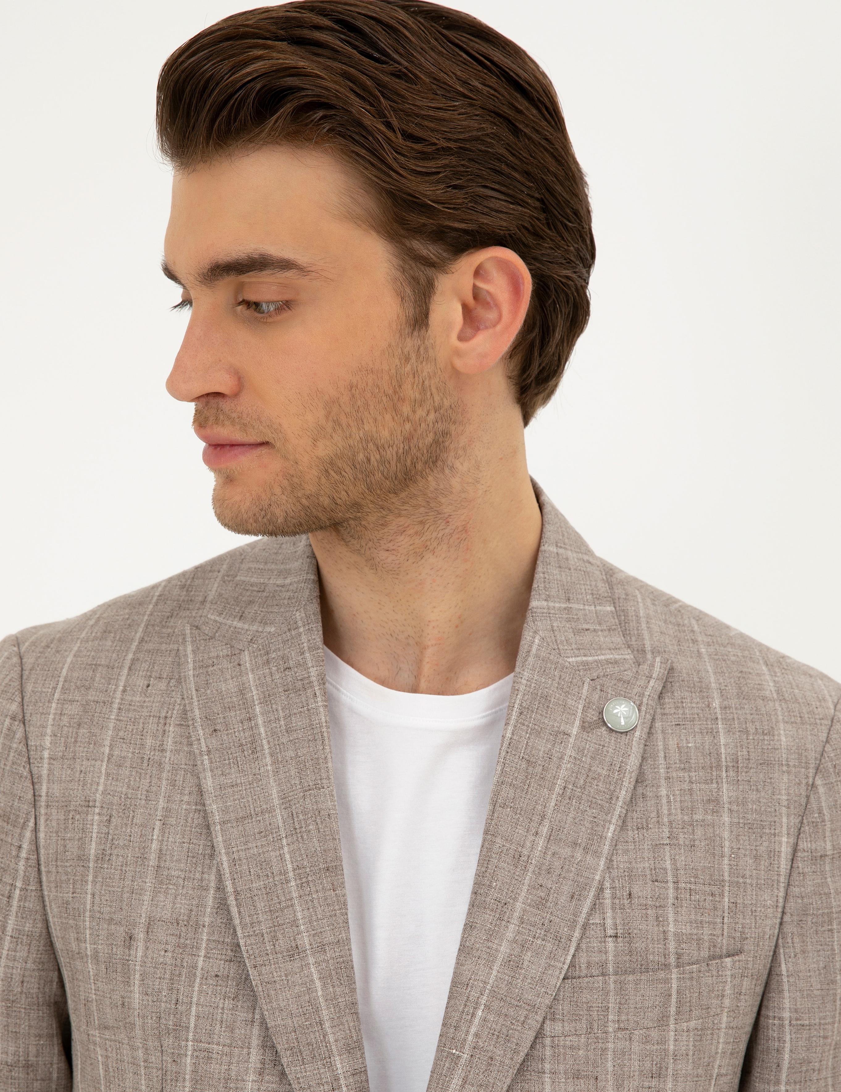 Açık Kahverengi Slim Fit %100 Keten Çizgili Ceket