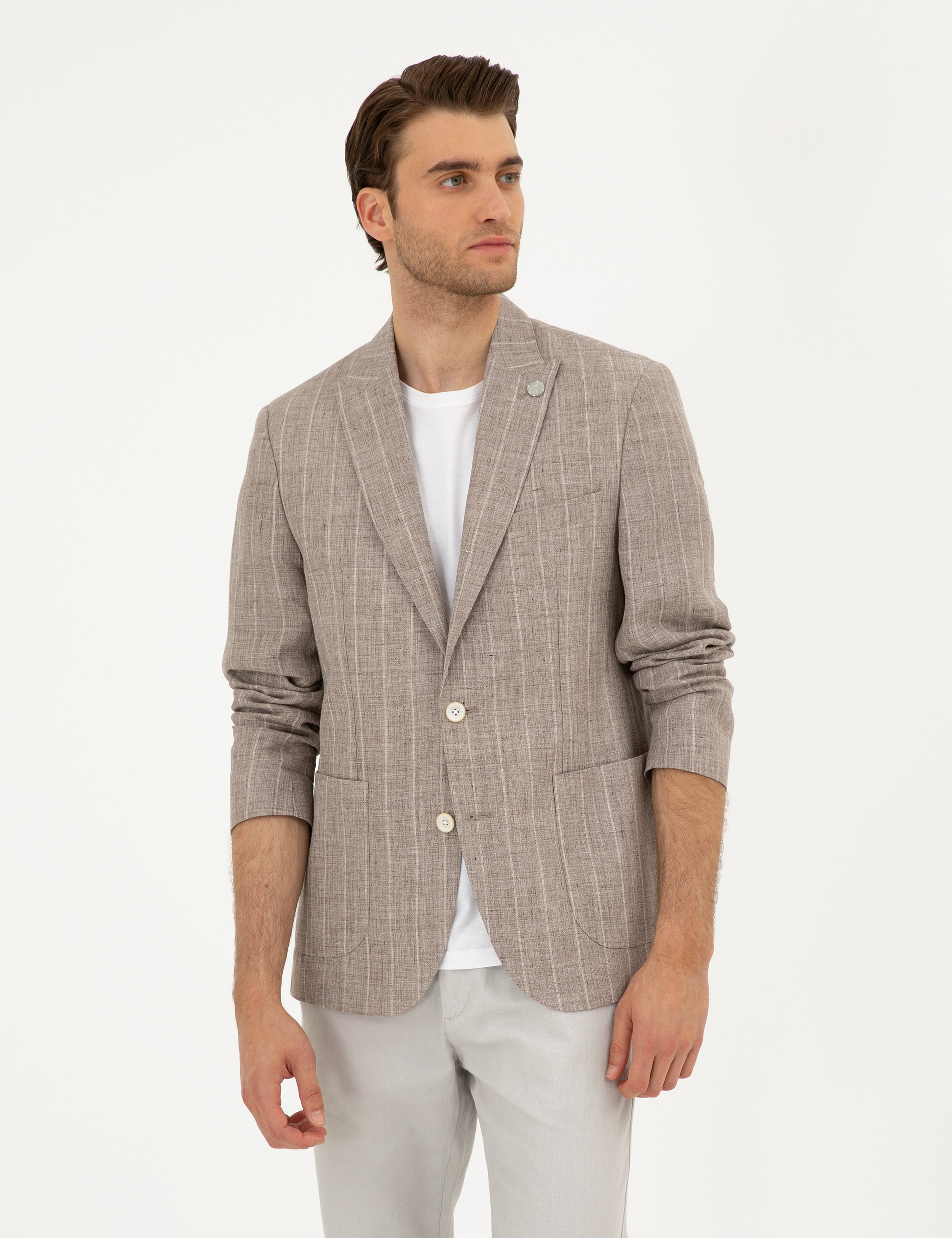 Açık Kahverengi Slim Fit %100 Keten Çizgili Ceket - Image 1