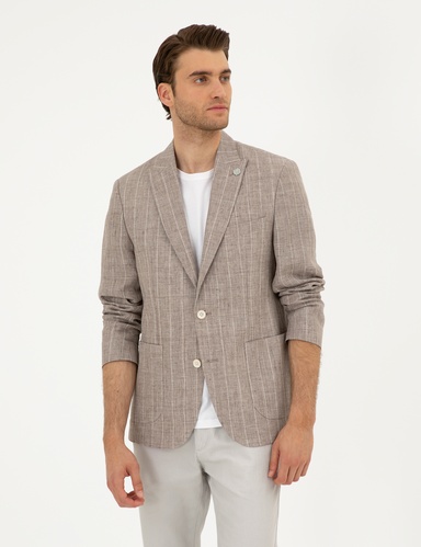 Açık Kahverengi Slim Fit %100 Keten Çizgili Ceket