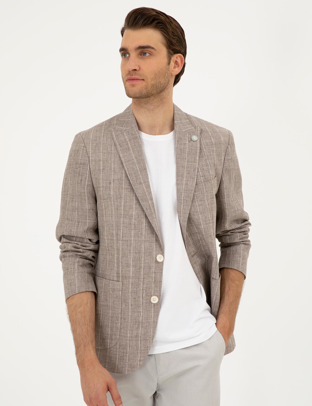 Açık Kahverengi Slim Fit %100 Keten Çizgili Ceket - 50284966089