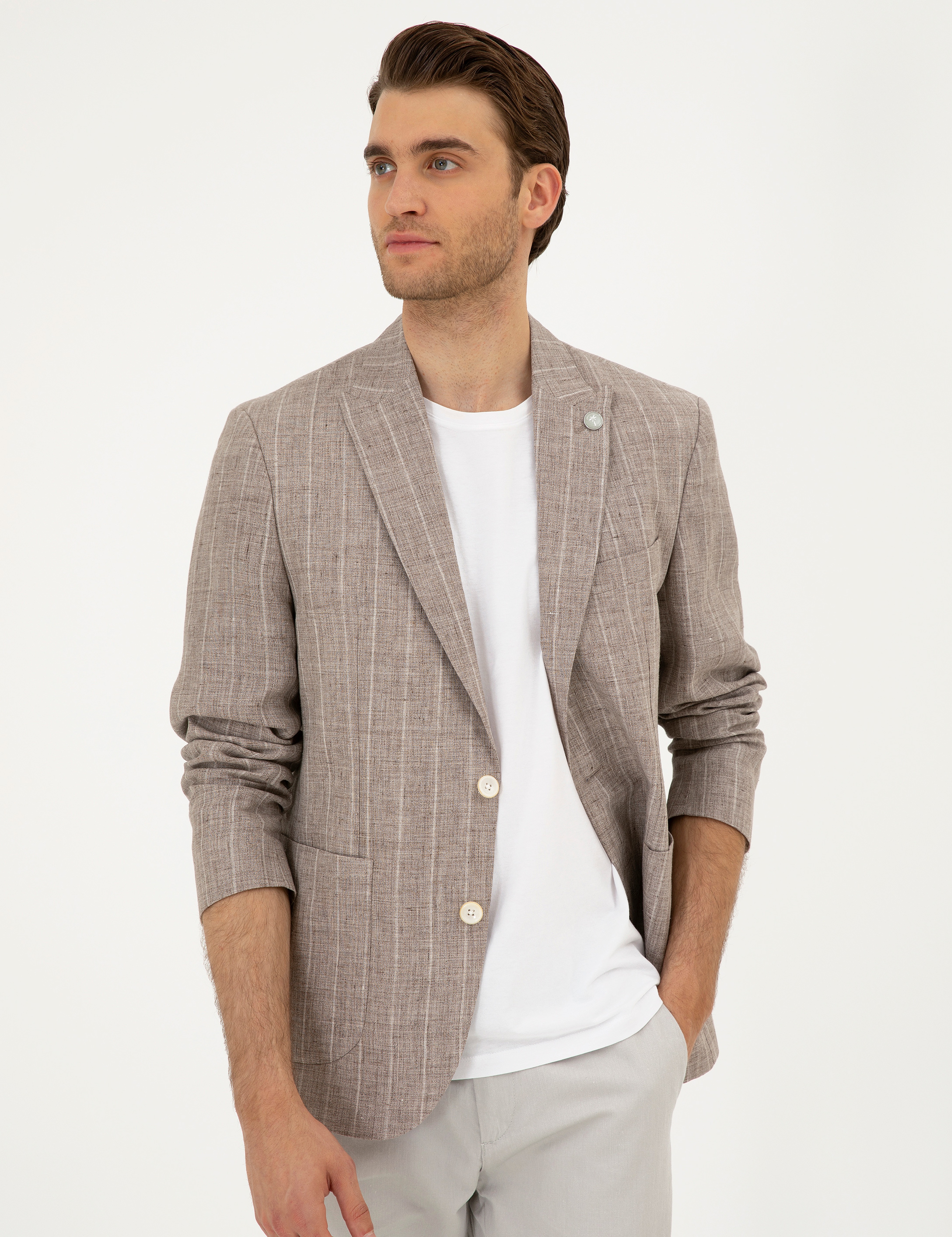 Açık Kahverengi Slim Fit %100 Keten Çizgili Ceket - Image 3