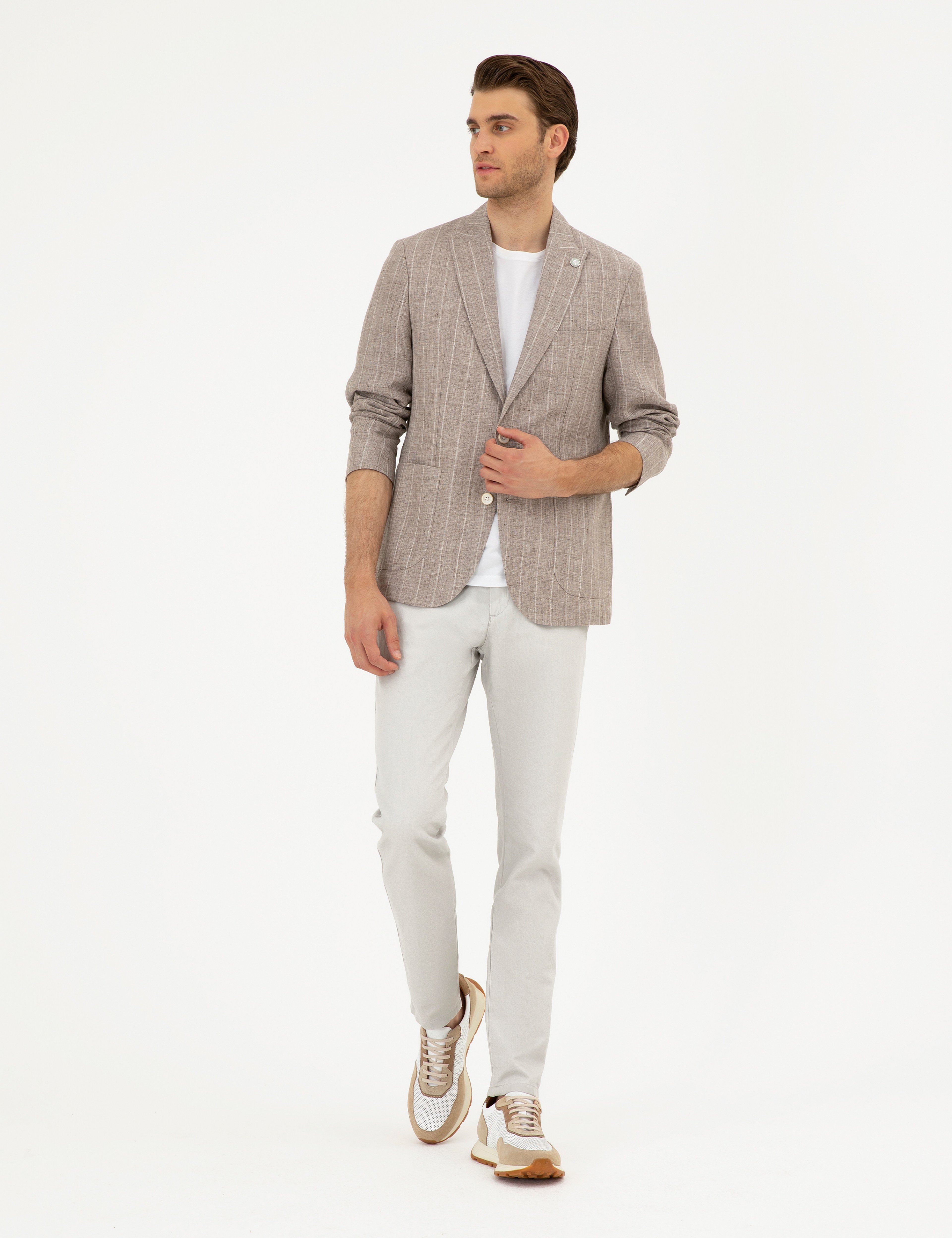 Açık Kahverengi Slim Fit %100 Keten Çizgili Ceket