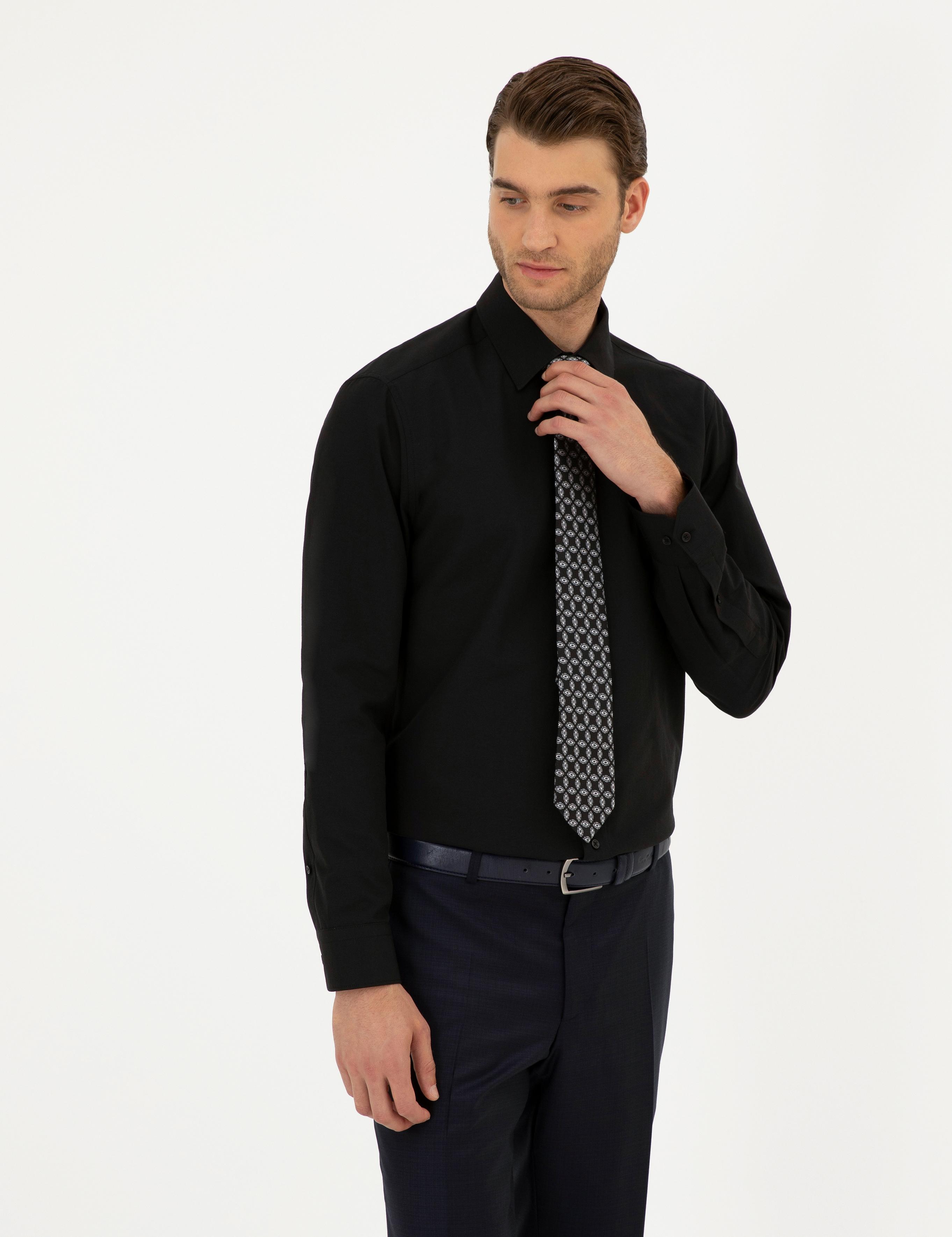 Siyah Regular Fit Uzun Kollu Basic Gömlek