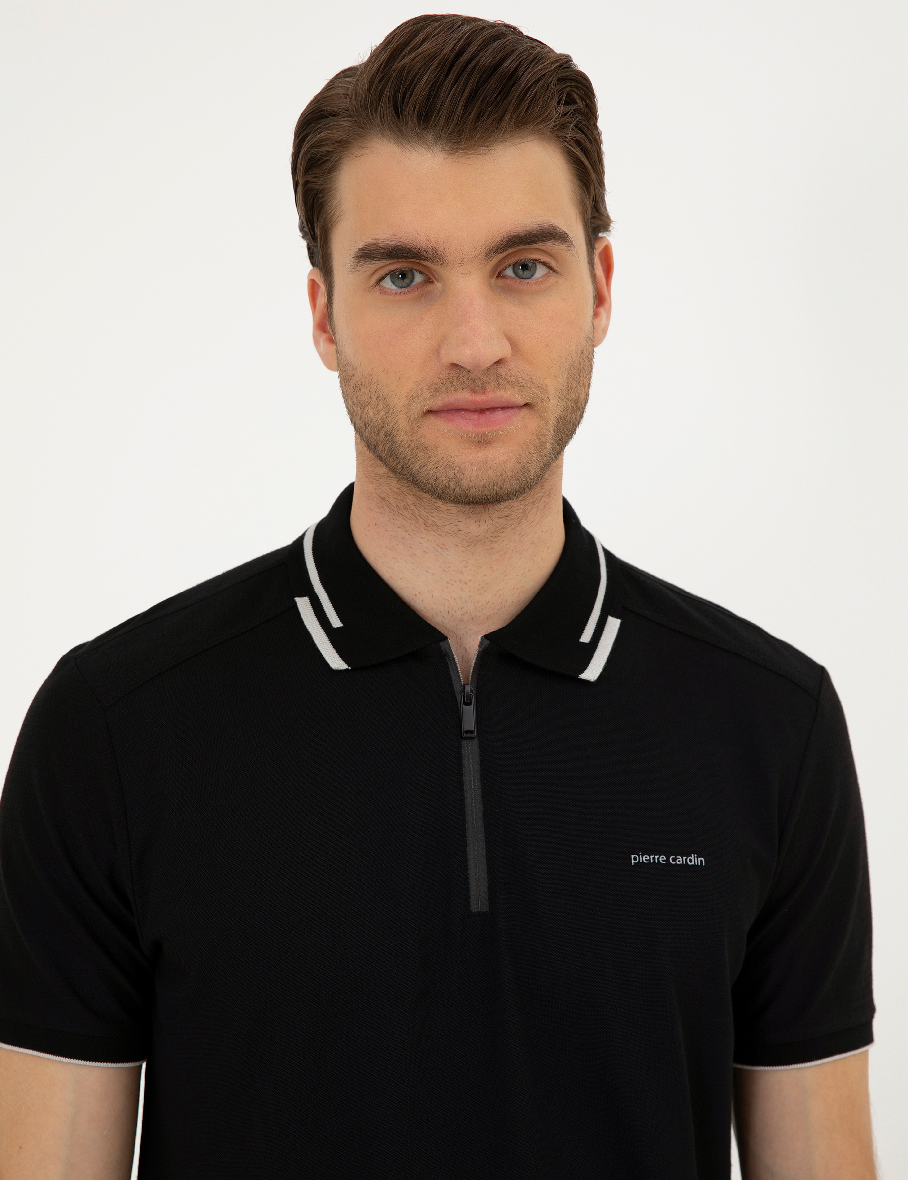 Siyah Slim Fit Fermuarlı Polo Yaka Tişört - Image 2
