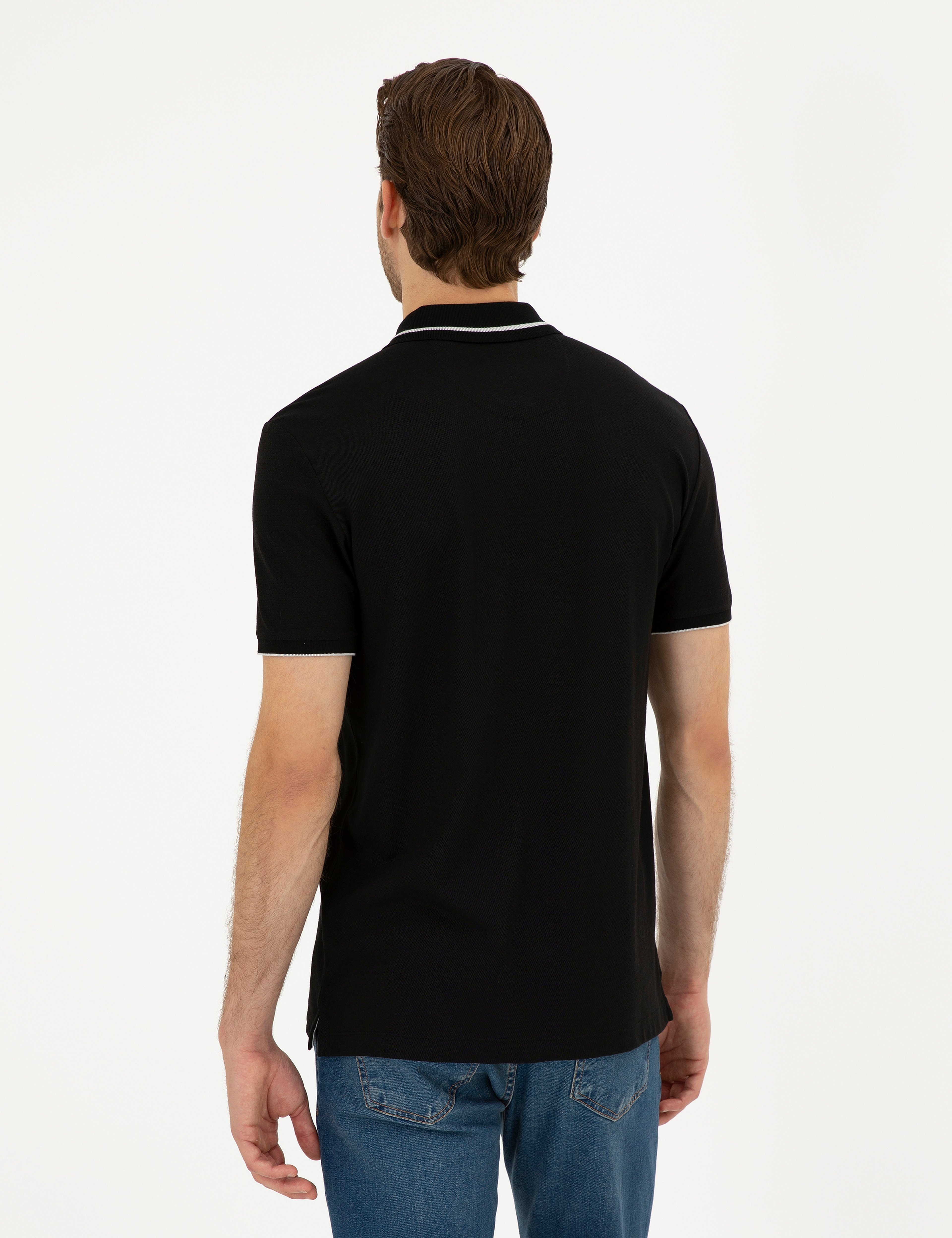 Siyah Slim Fit Fermuarlı Polo Yaka Tişört - Image 5
