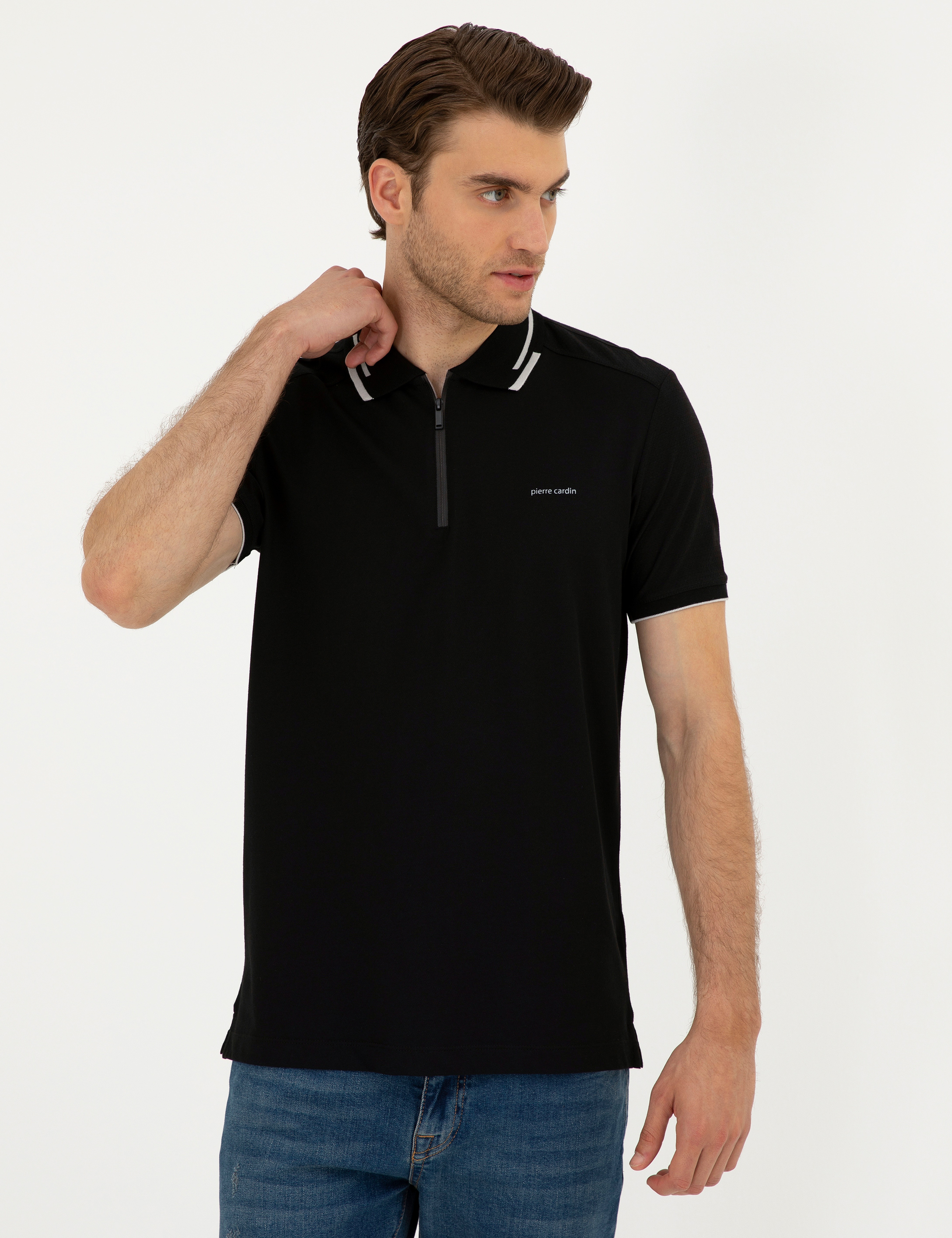 Siyah Slim Fit Fermuarlı Polo Yaka Tişört - Image 3