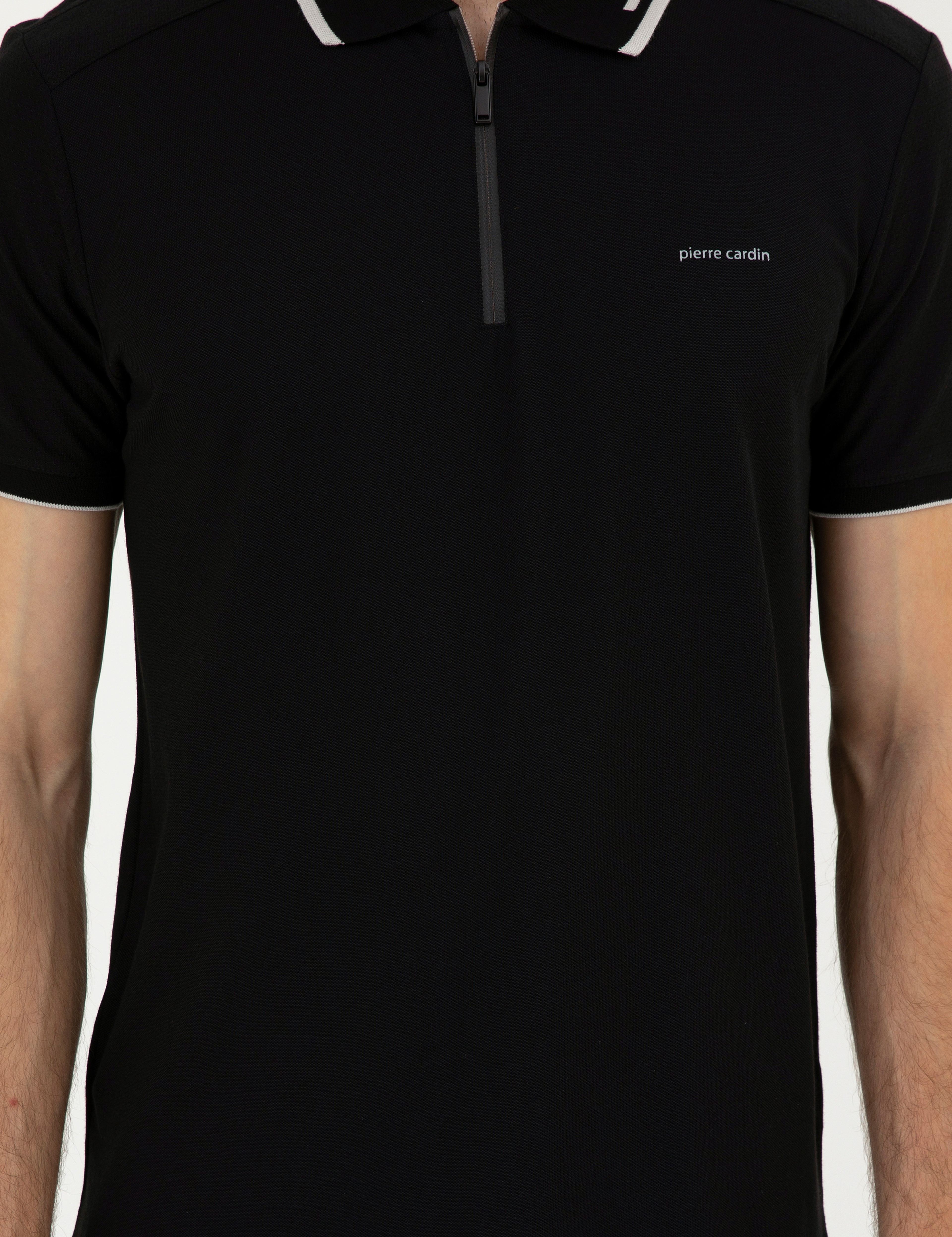 Siyah Slim Fit Fermuarlı Polo Yaka Tişört - Image 6
