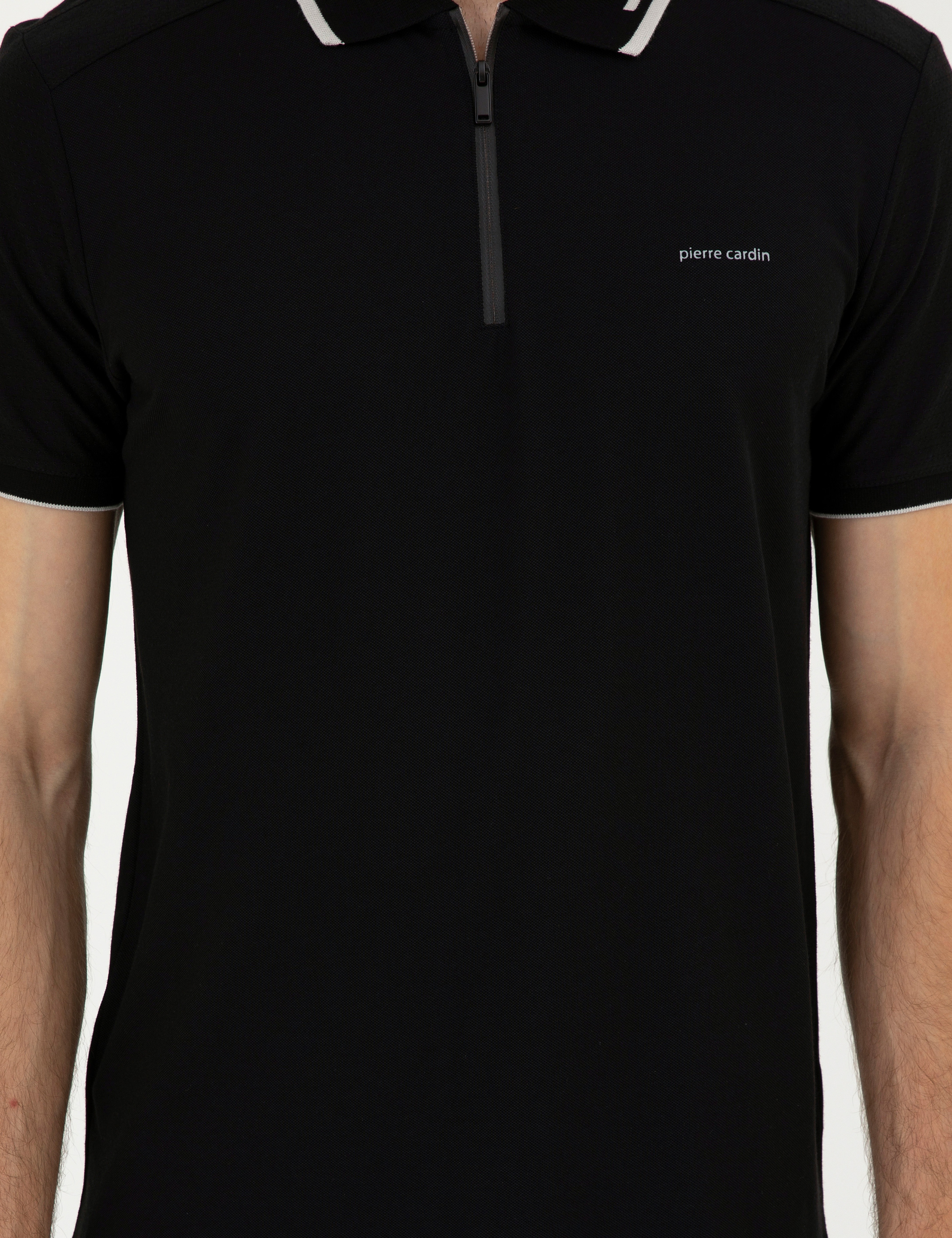 Siyah Slim Fit Fermuarlı Polo Yaka Tişört