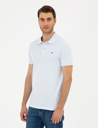 Açık Mavi Slim Fit %100 Pamuk Düğmeli Polo Yaka Basic Tişört