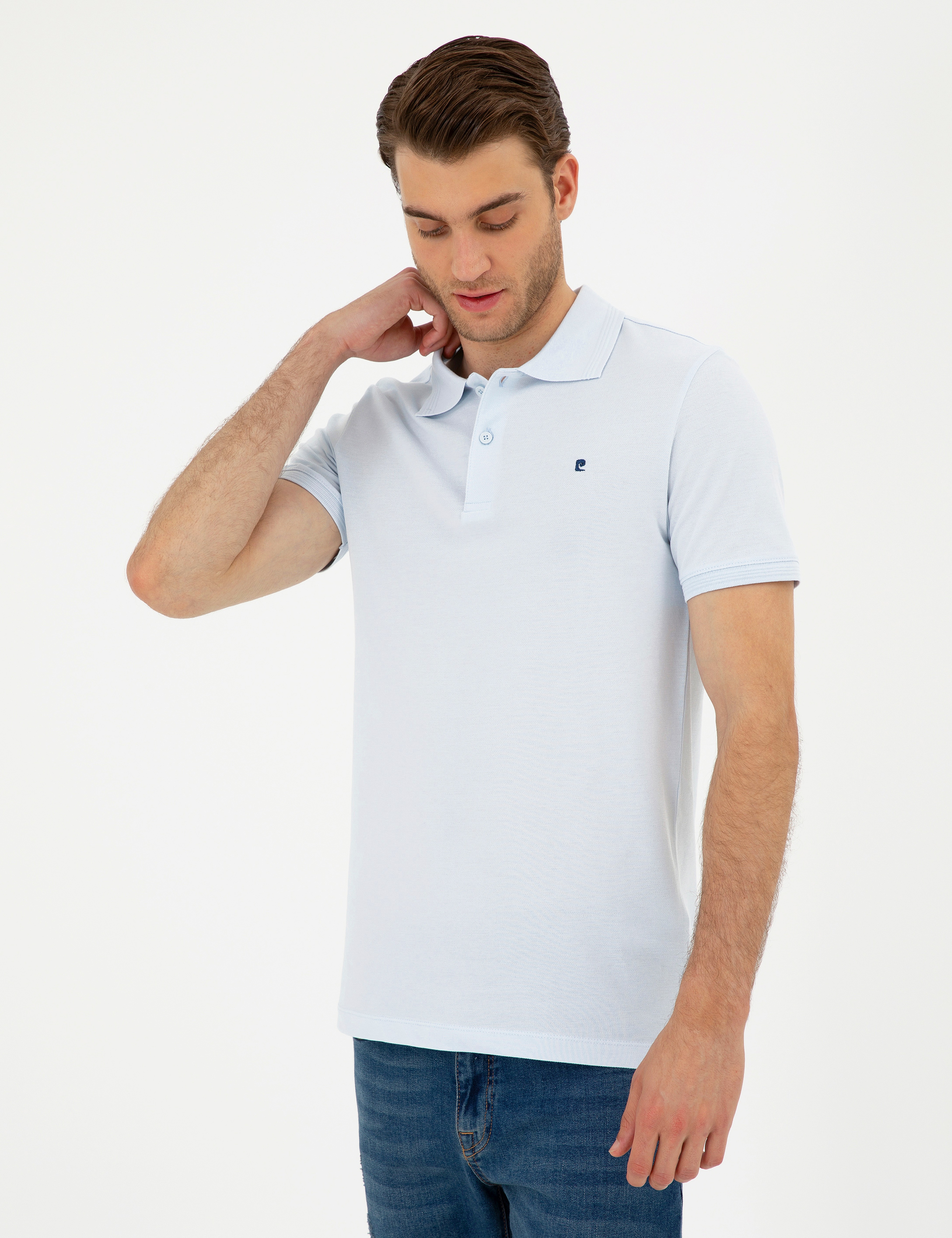Açık Mavi Slim Fit %100 Pamuk Polo Yaka Basic Tişört - Image 3