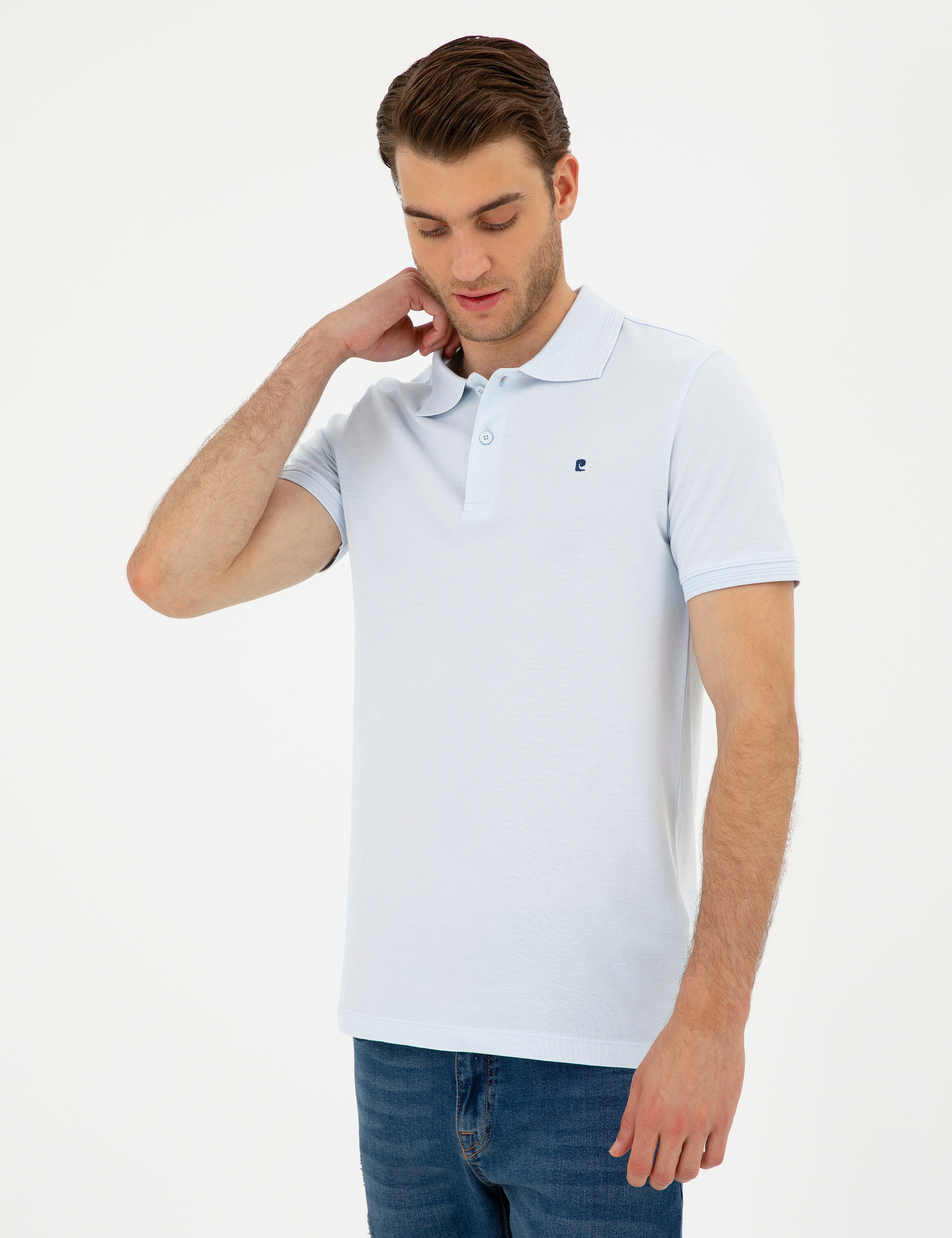 Açık Mavi Slim Fit %100 Pamuk Polo Yaka Basic Tişört