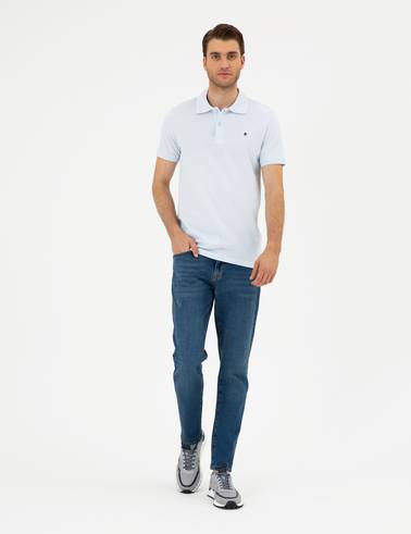 Açık Mavi Slim Fit %100 Pamuk Polo Yaka Basic Tişört