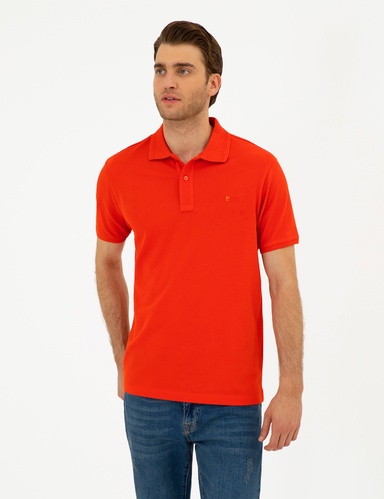 Kırmızı Slim Fit %100 Pamuk Basic Düğmeli Polo Yaka Basic Tişört