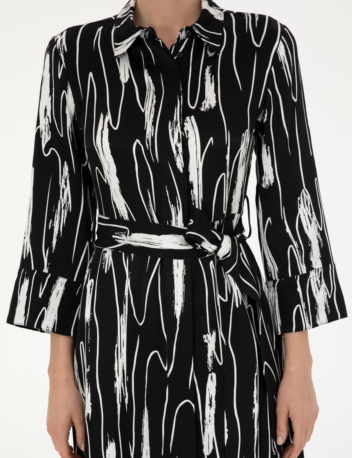 Siyah Keten Karışımlı Comfort Fit Dokuma Elbise - 50289503003