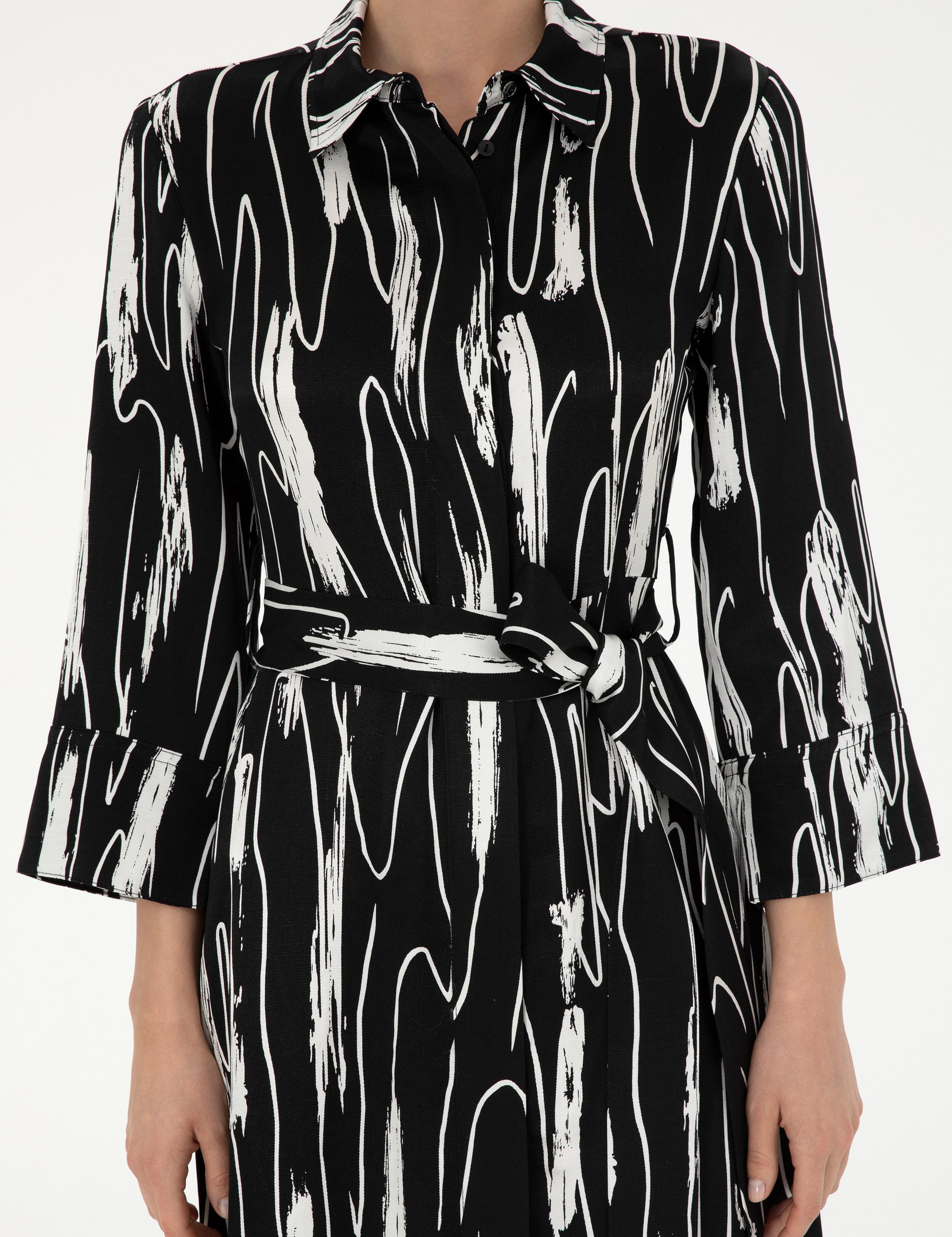 Siyah Keten Karışımlı Comfort Fit Dokuma Elbise