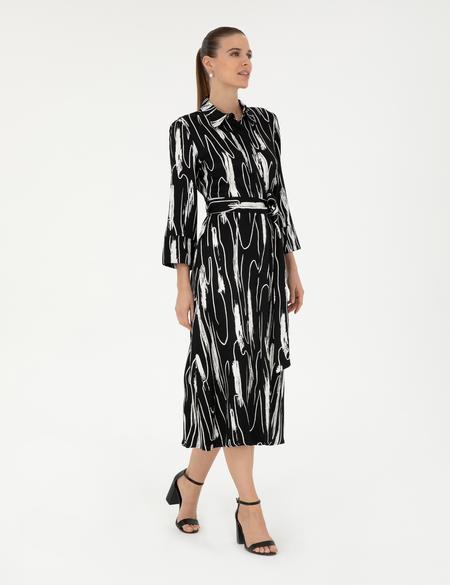 Siyah Keten Karışımlı Comfort Fit Dokuma Elbise - 50289503003