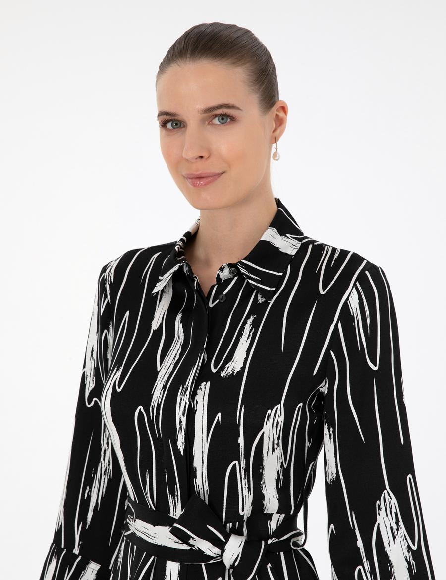 Siyah Keten Karışımlı Comfort Fit Dokuma Elbise