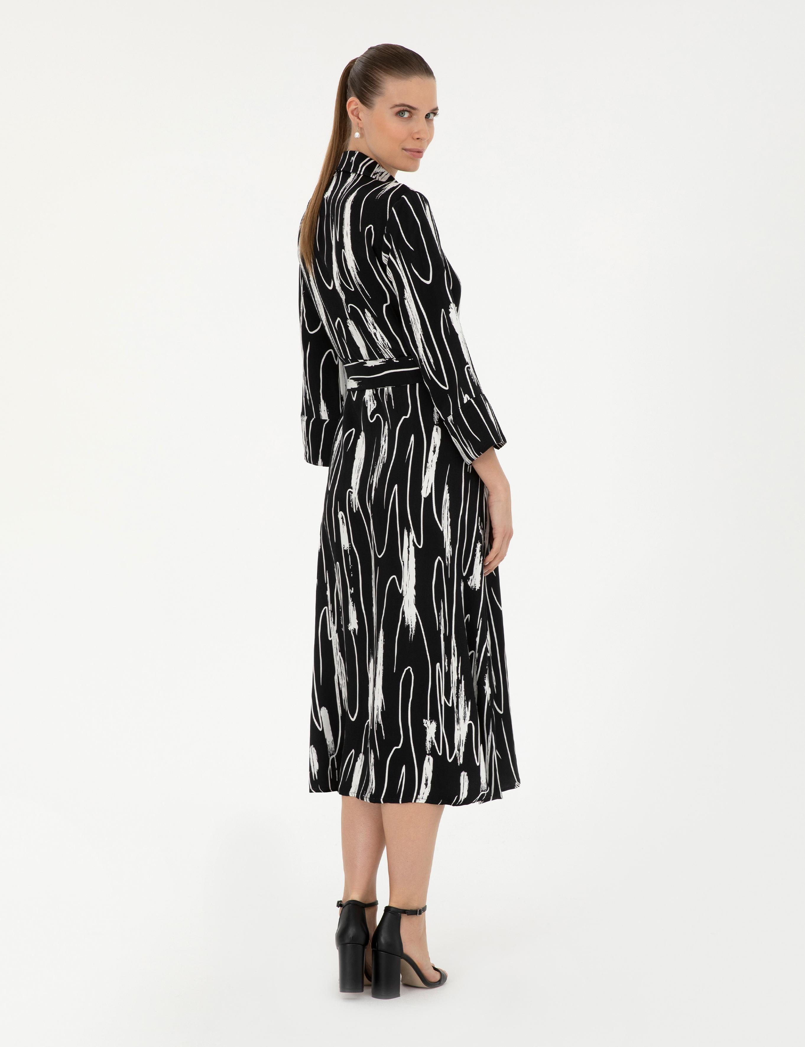 Siyah Keten Karışımlı Comfort Fit Dokuma Elbise