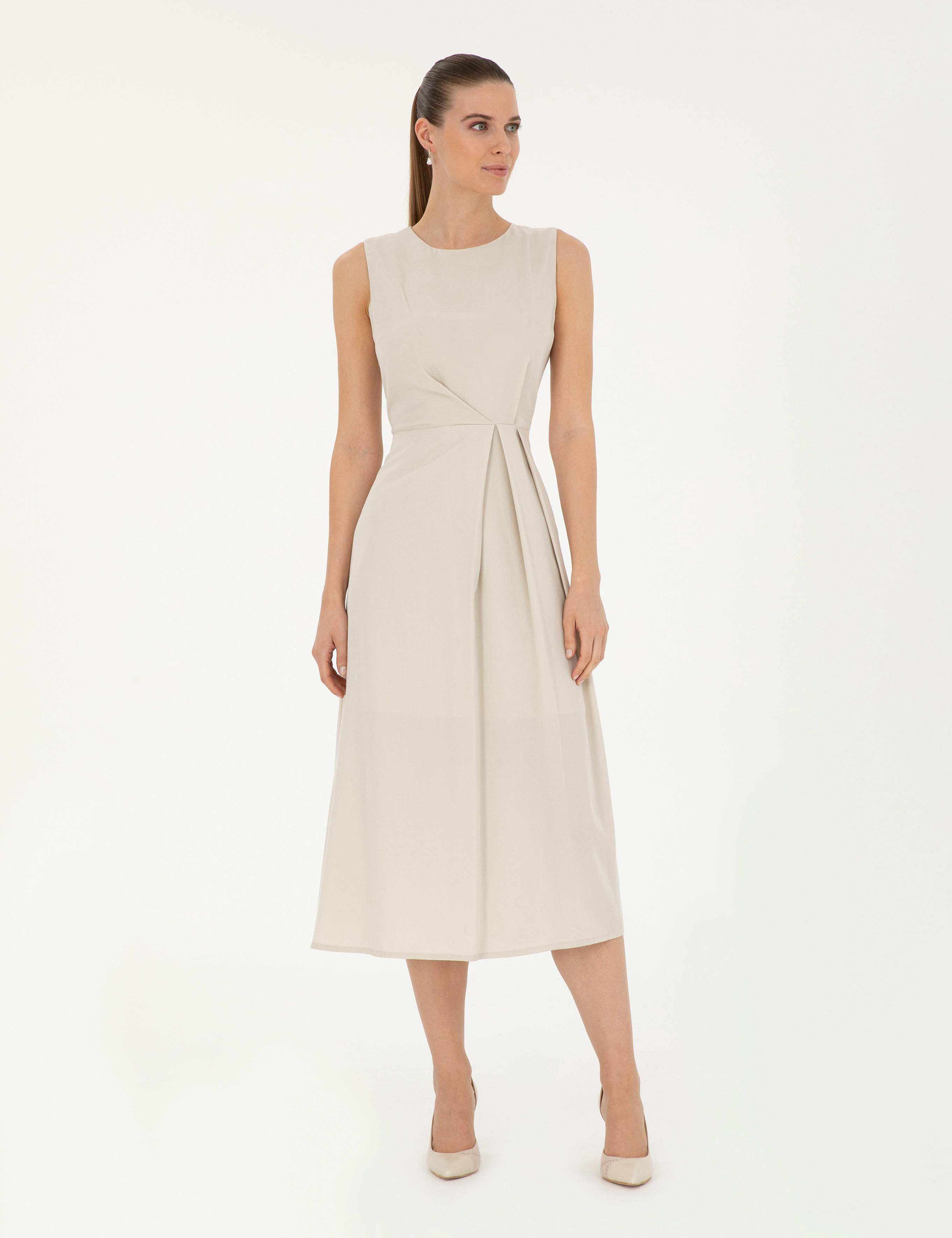 Bej Regular Fit Midi Dokuma Elbise