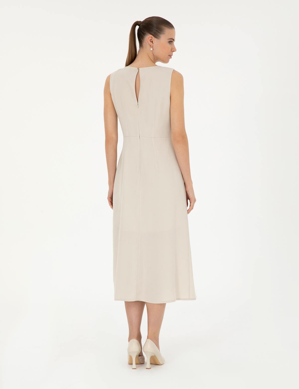 Bej Regular Fit Midi Dokuma Elbise - 50283466001