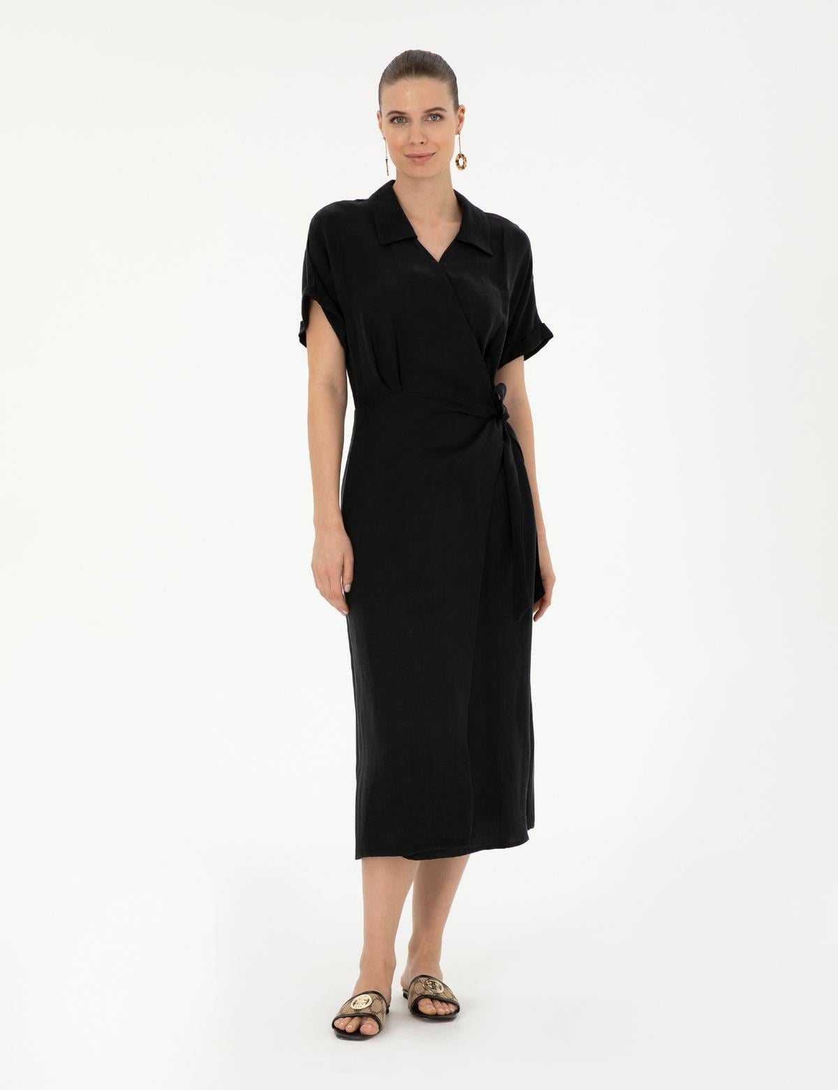 Siyah Comfort Fit Dokuma Elbise