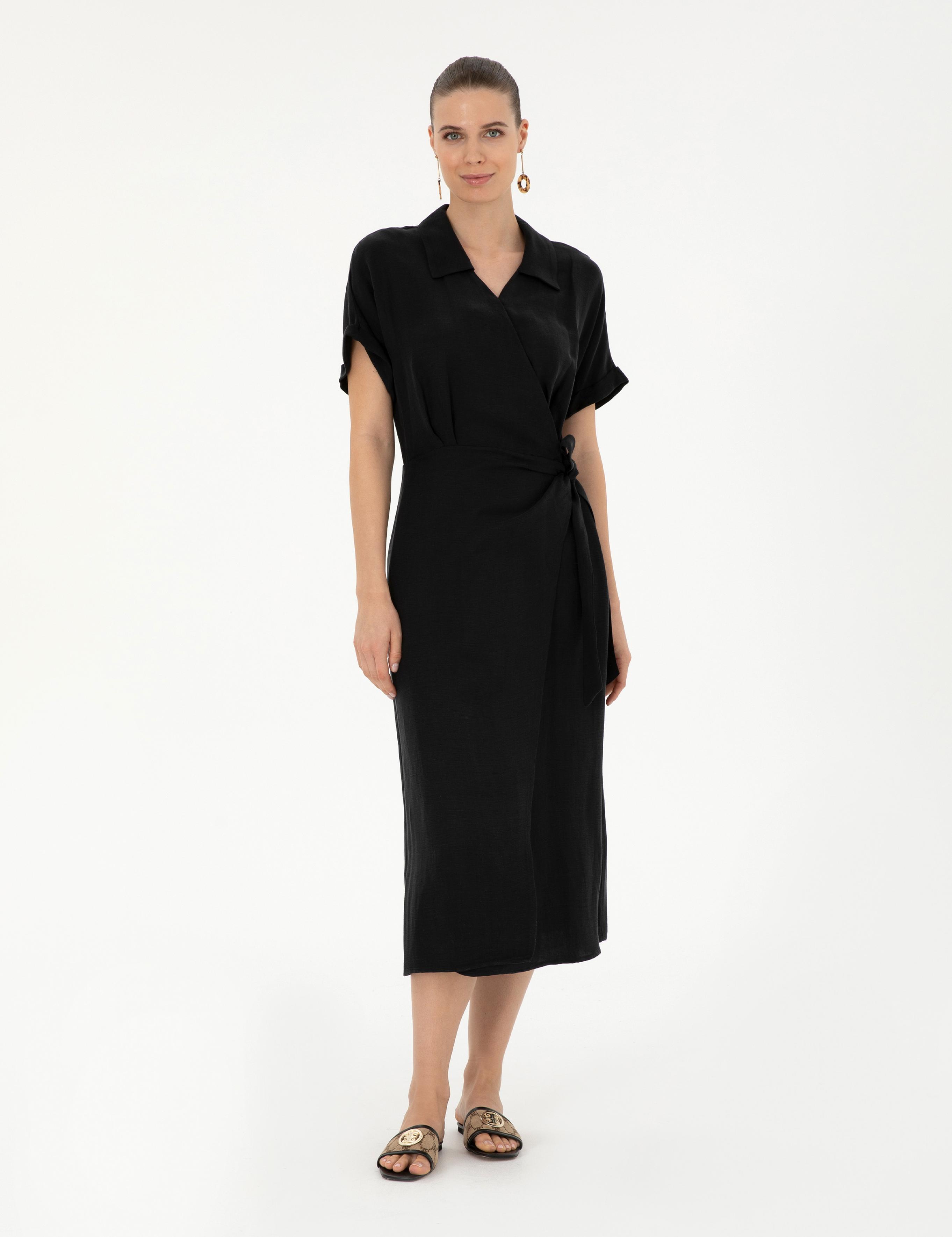 Siyah Comfort Fit Dokuma Elbise