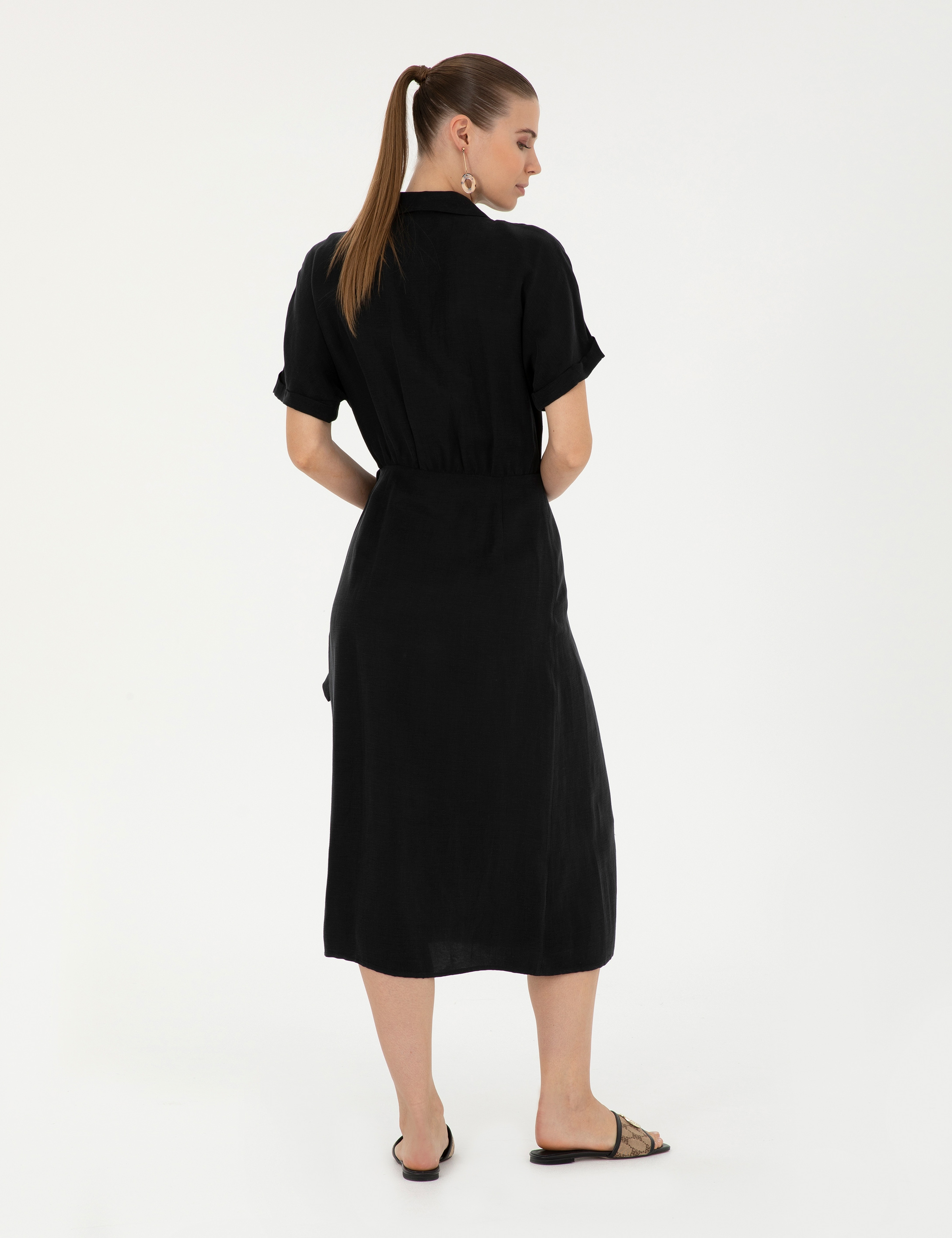 Siyah Comfort Fit Dokuma Elbise - Image 4