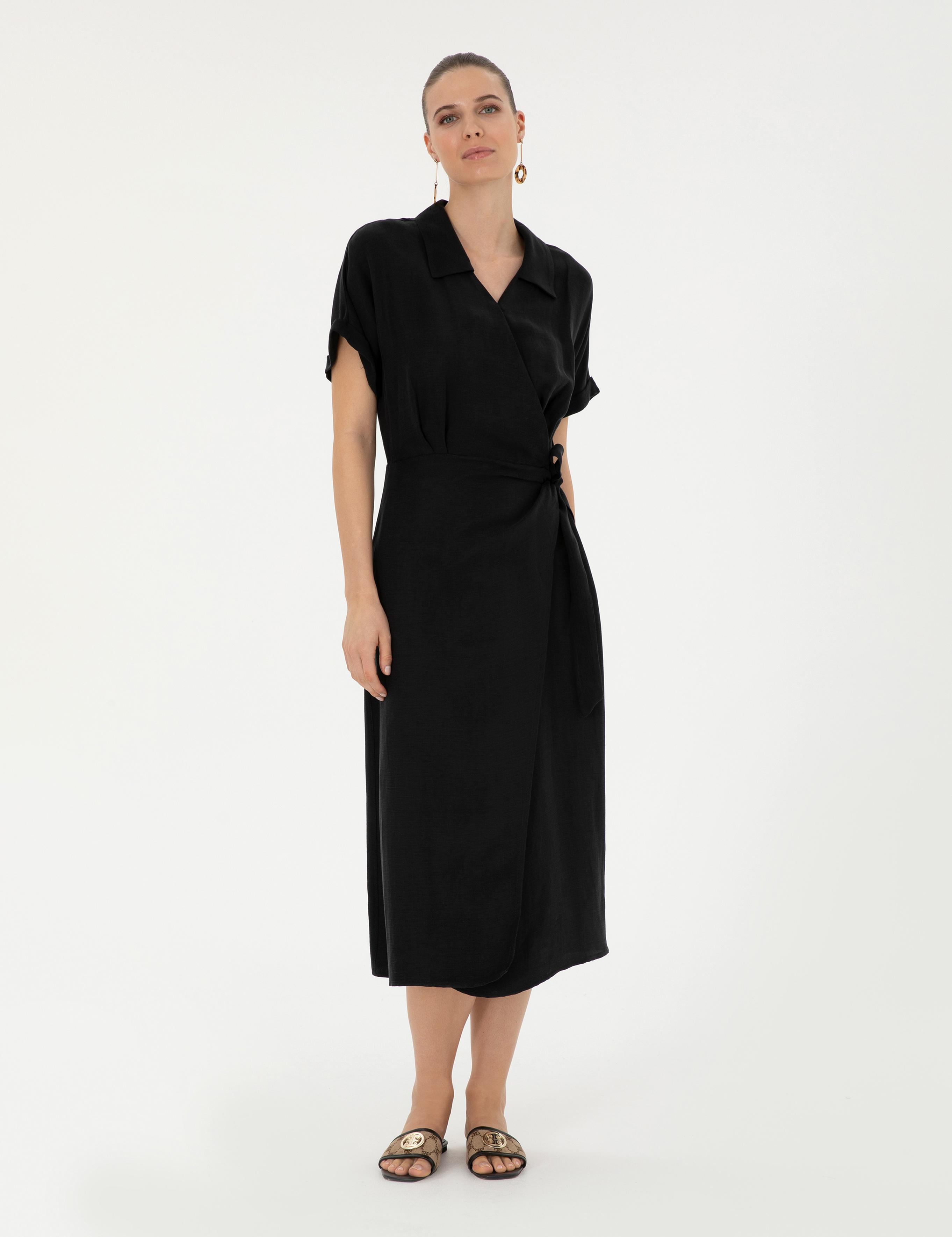 Siyah Comfort Fit Dokuma Elbise